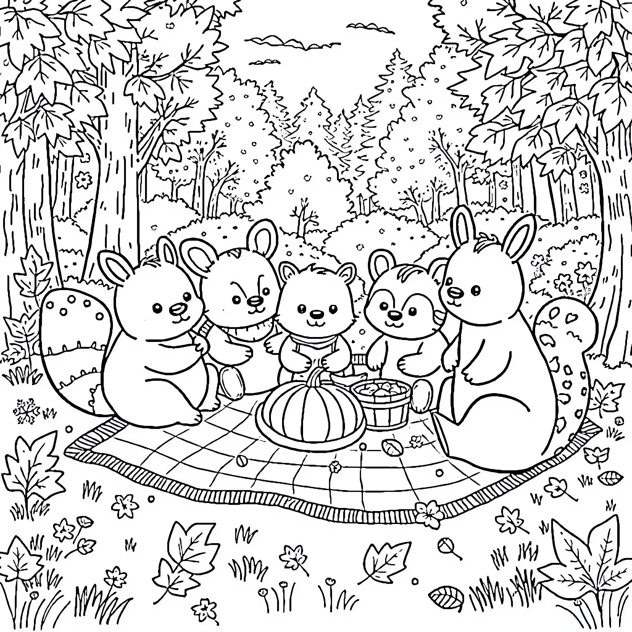 Animal friends enjoying a picnic in the forest Coloring Page (free black-and-white line drawing printable PDF for all, from beginners to advanced learners, including children, teens, adults, and seniors)