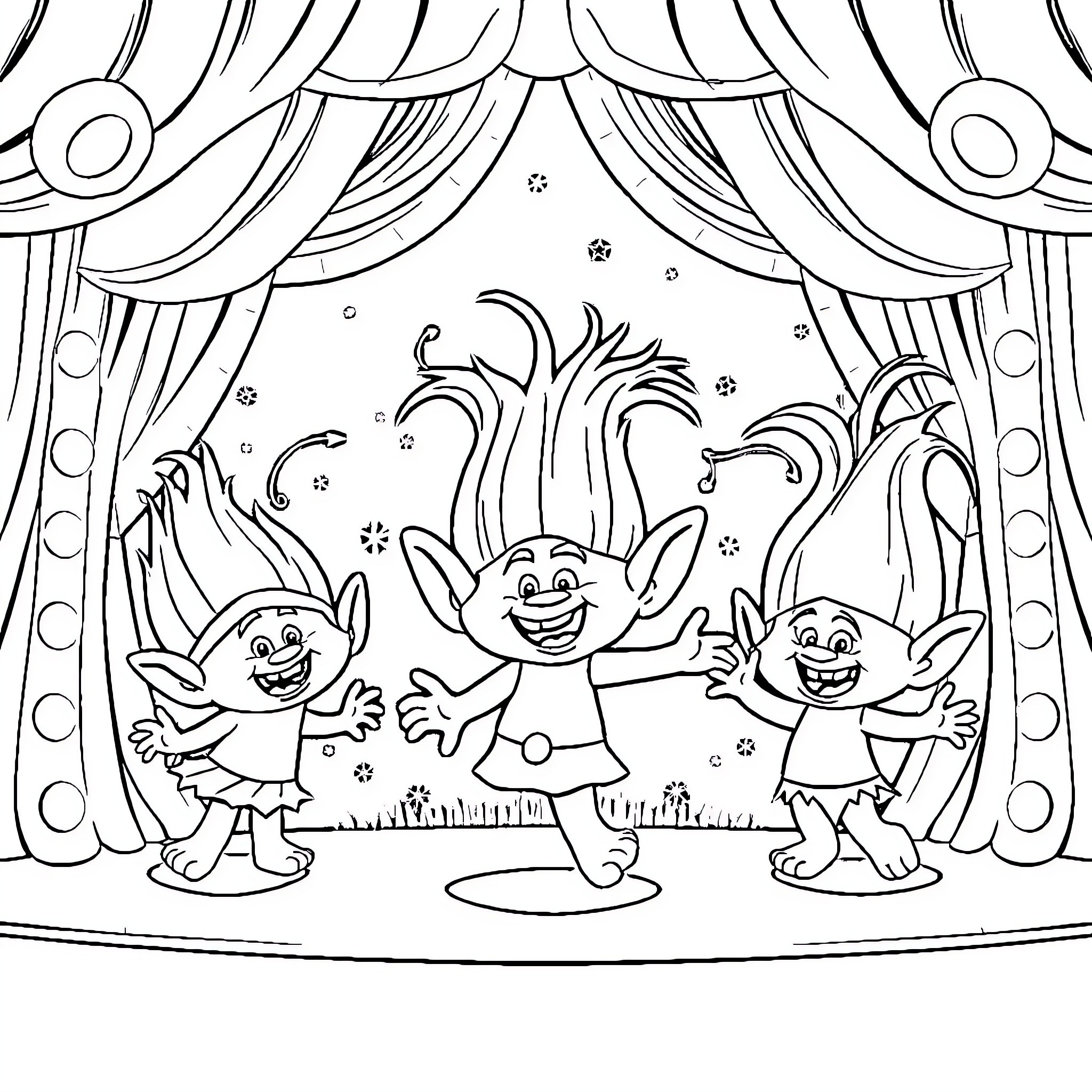 Troll characters performing on stage Coloring Page (free black-and-white line drawing printable PDF for all, from beginners to advanced learners, including children, teens, adults, and seniors)