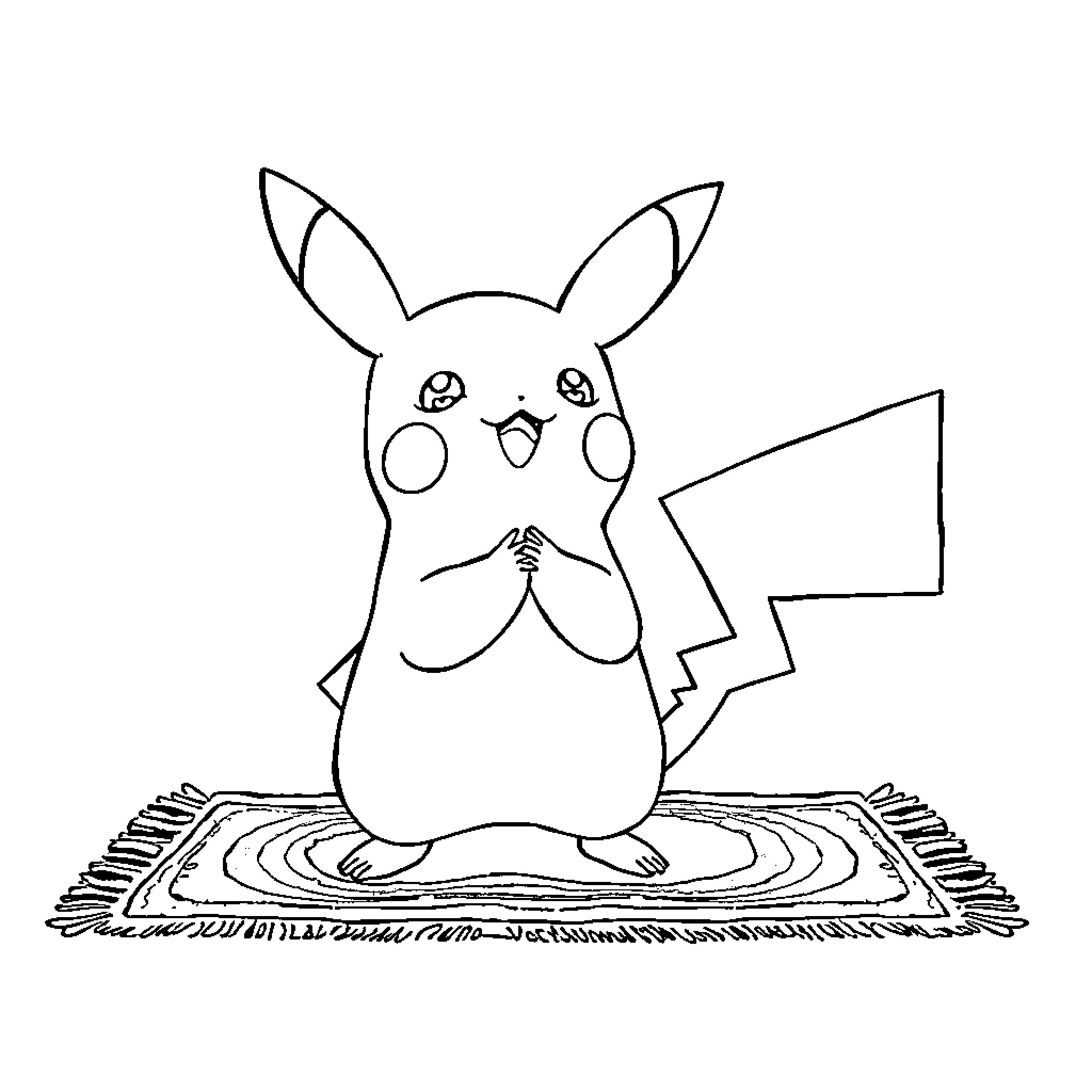 Pikachu sitting on a rug with surprised expression Coloring Page (free black-and-white line drawing printable PDF for all, from beginners to advanced learners, including children, teens, adults, and seniors)