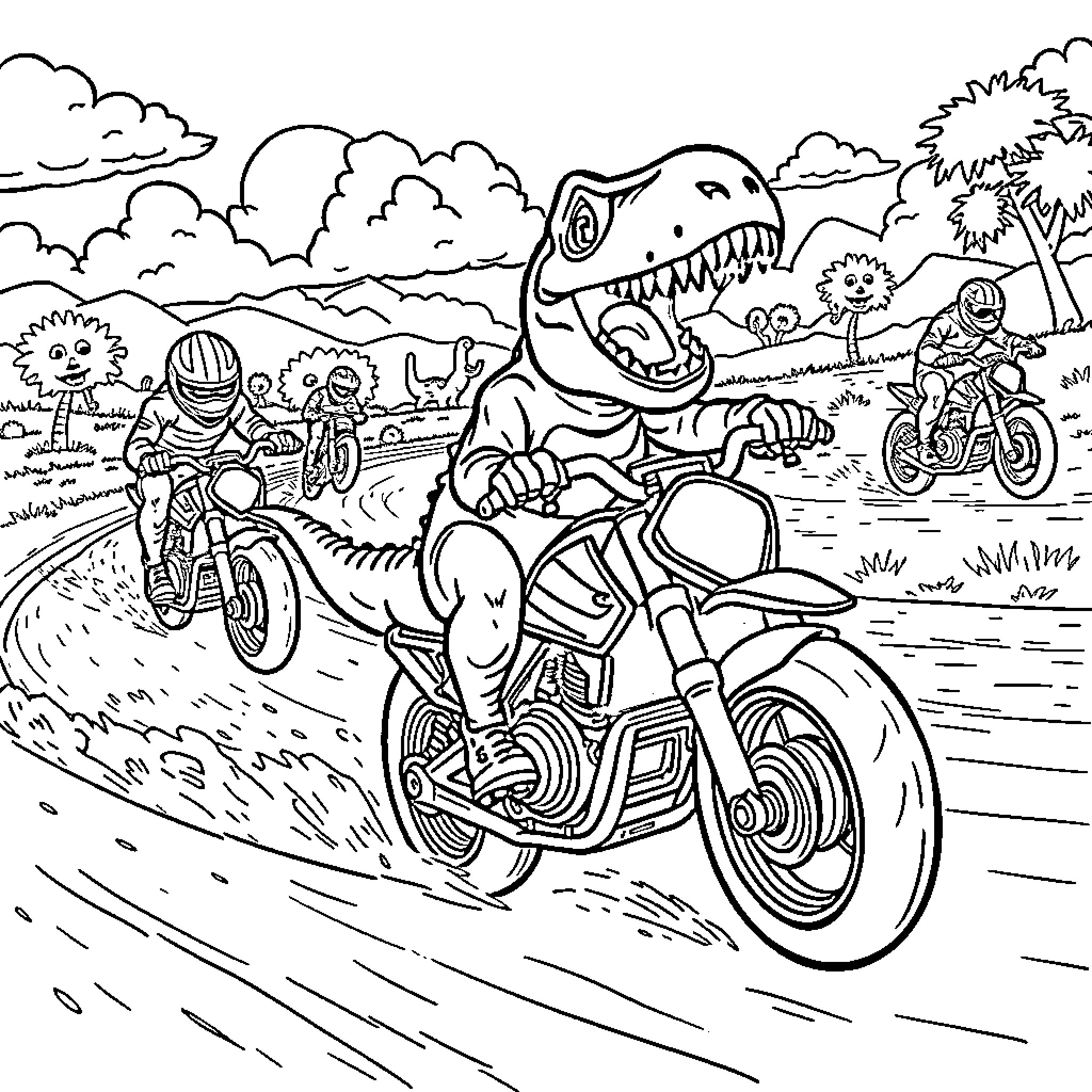 T-Rex Roaring on Motorcycle with Riders Coloring Page (free black-and-white line drawing printable PDF for all, from beginners to advanced learners, including children, teens, adults, and seniors)