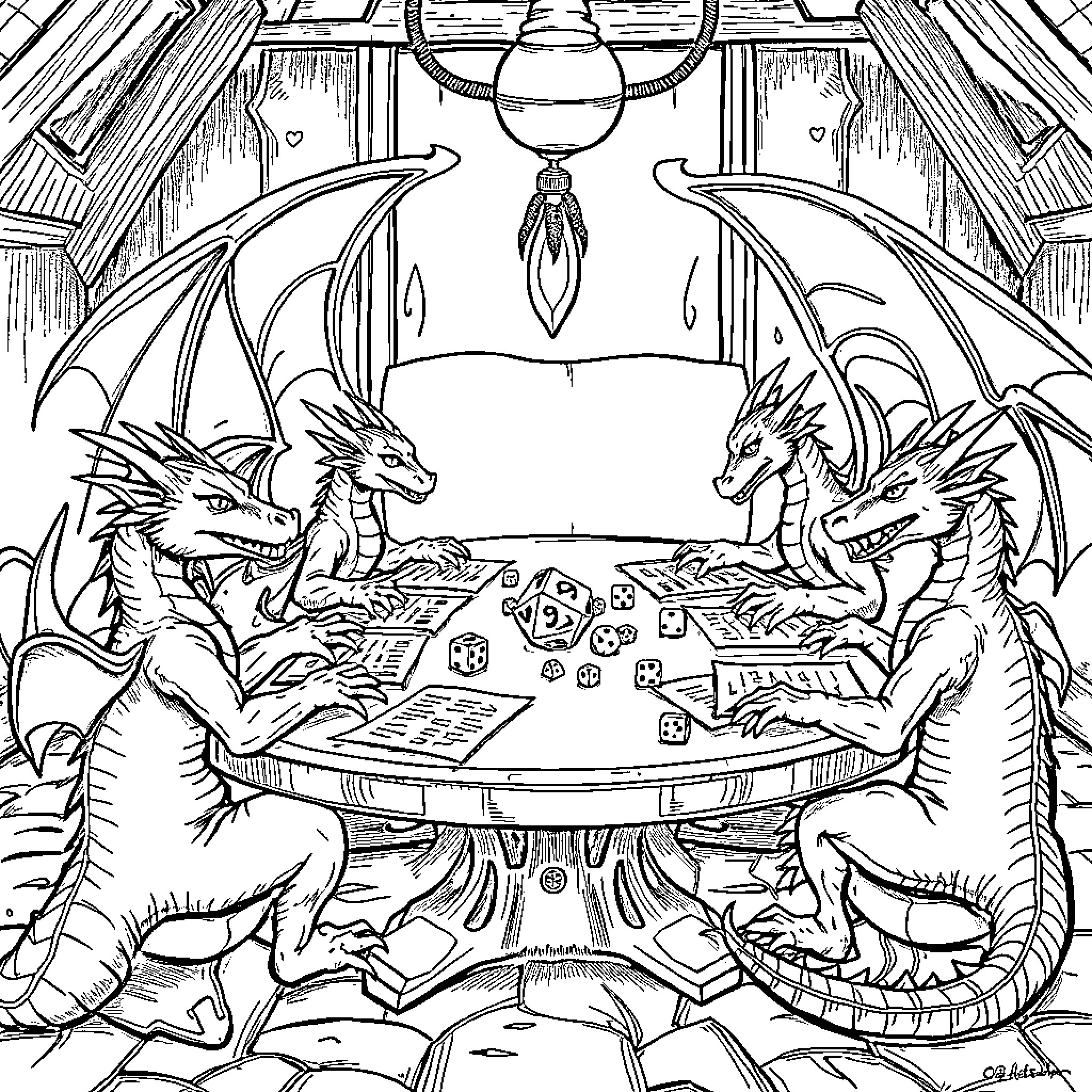 Dragon Dice Game with Mystical Creatures Coloring Page (free black-and-white line drawing printable PDF for all, from beginners to advanced learners, including children, teens, adults, and seniors)