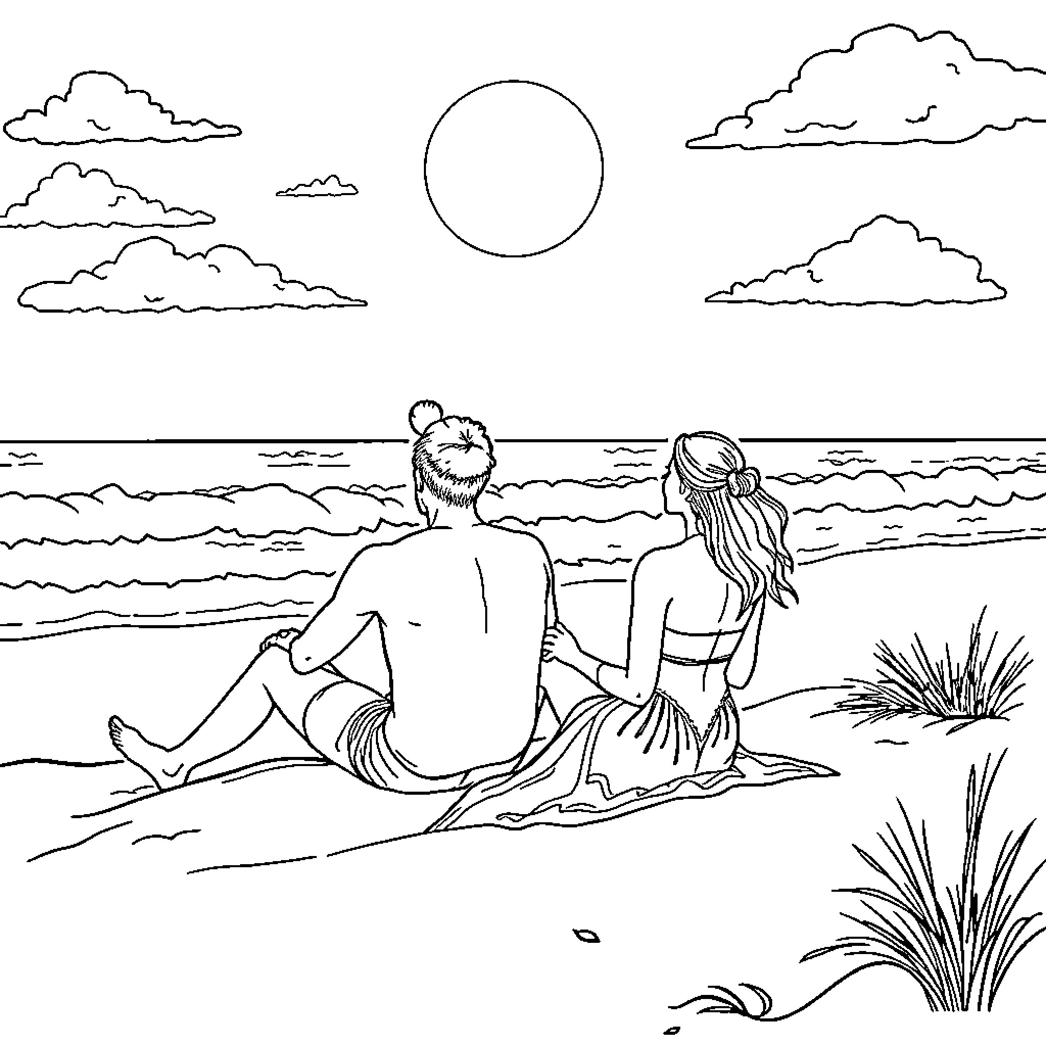 Person enjoying serene beach day with companion Coloring Page (free black-and-white line drawing printable PDF for all, from beginners to advanced learners, including children, teens, adults, and seniors)