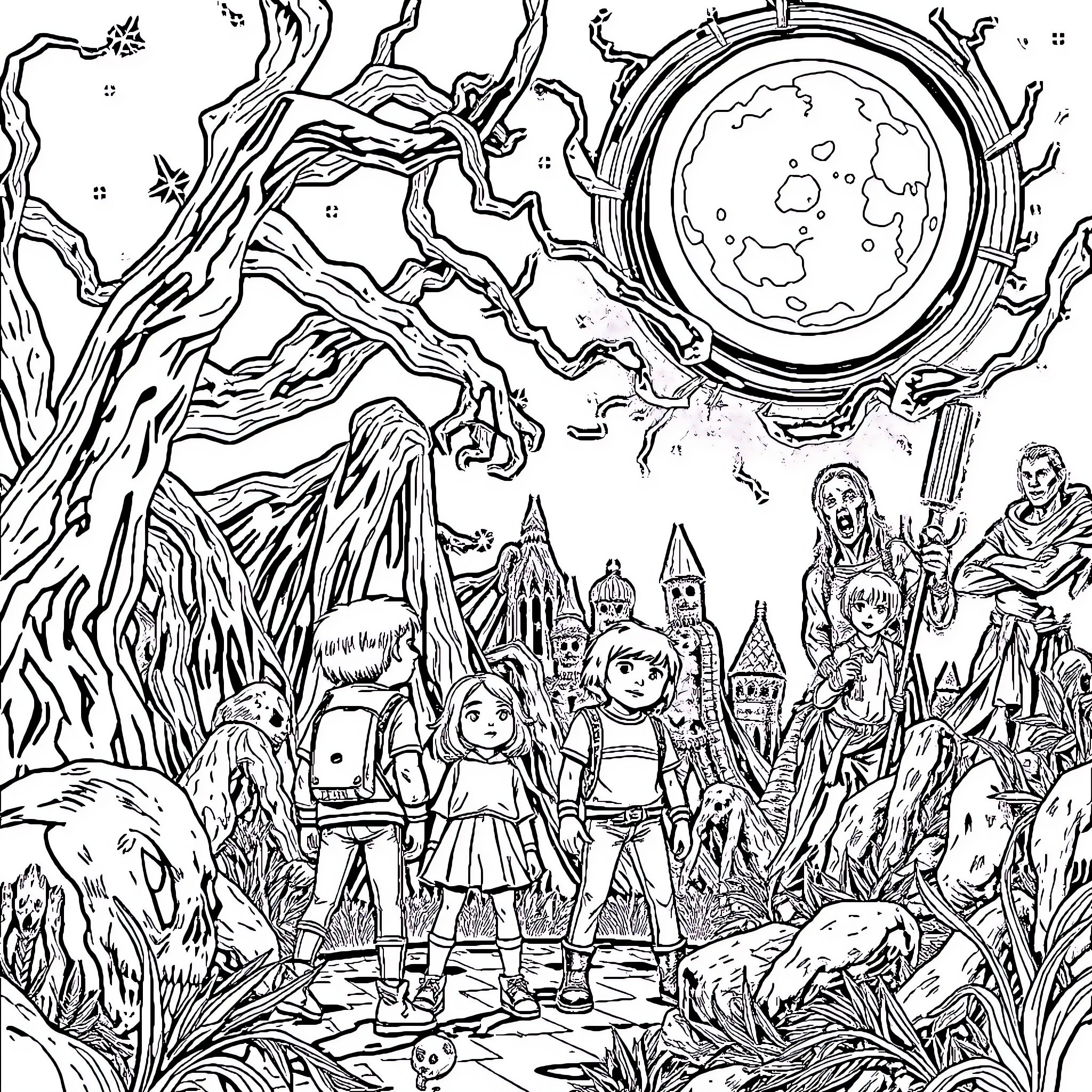 Stranger Things: Otherworldly Adventure in the Forest Coloring Page (free black-and-white line drawing printable PDF for all, from beginners to advanced learners, including children, teens, adults, and seniors)