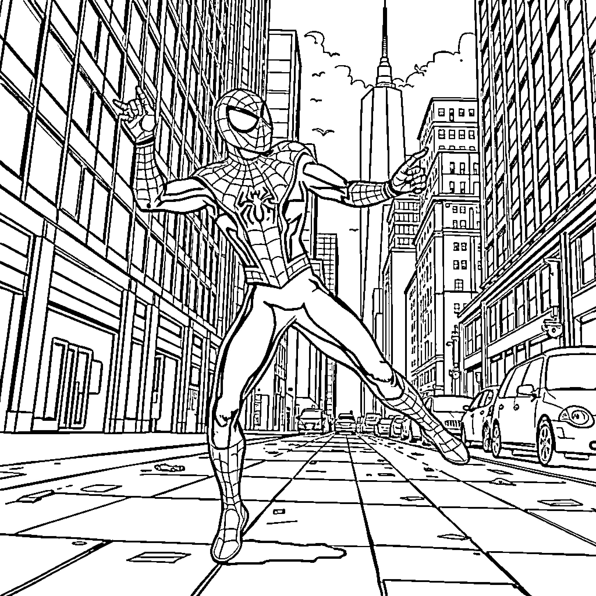 Spider-Man Swinging Through the City Coloring Page (free black-and-white line drawing printable PDF for all, from beginners to advanced learners, including children, teens, adults, and seniors)