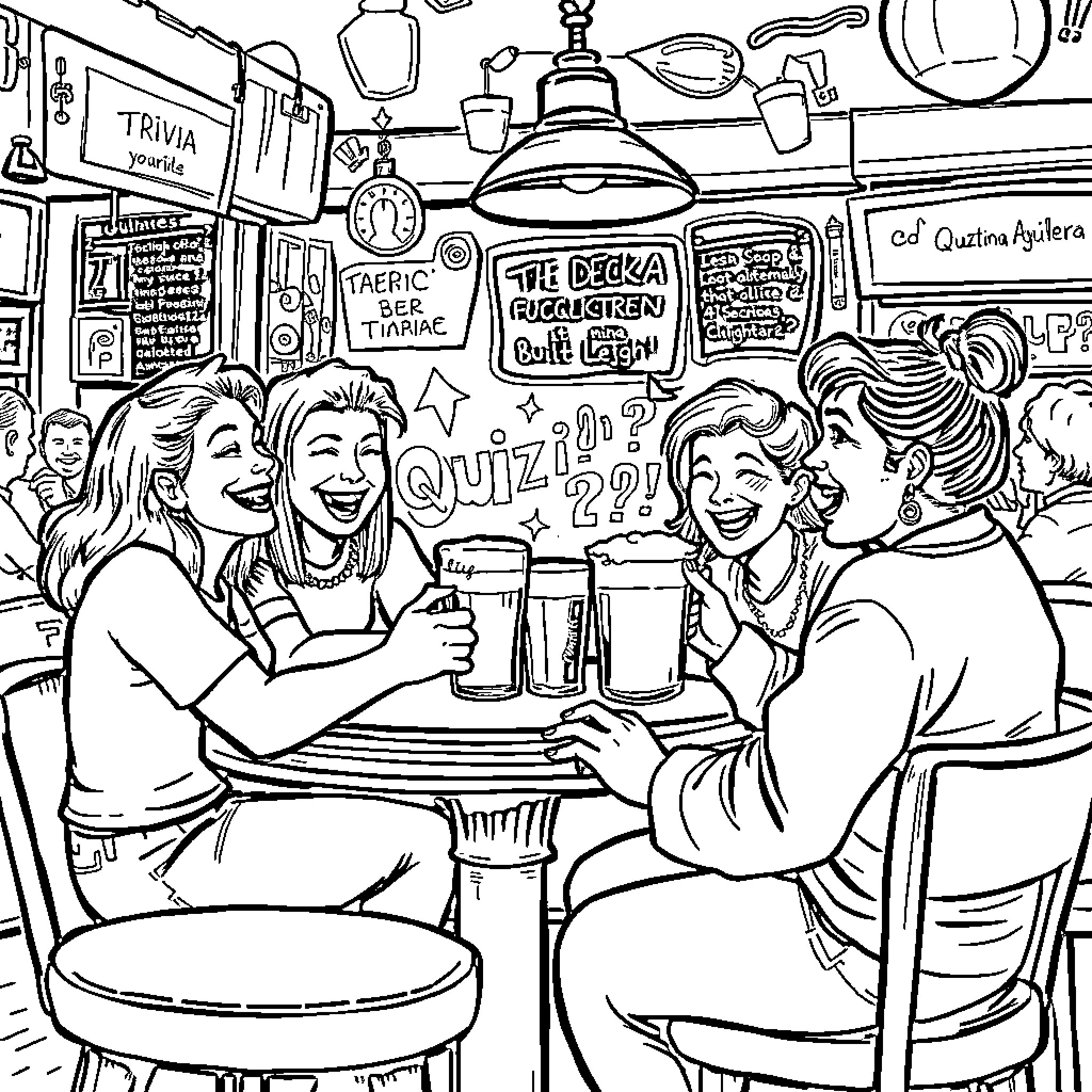 Trivia Night Among Friends at the Local Bar Coloring Page (free black-and-white line drawing printable PDF for all, from beginners to advanced learners, including children, teens, adults, and seniors)