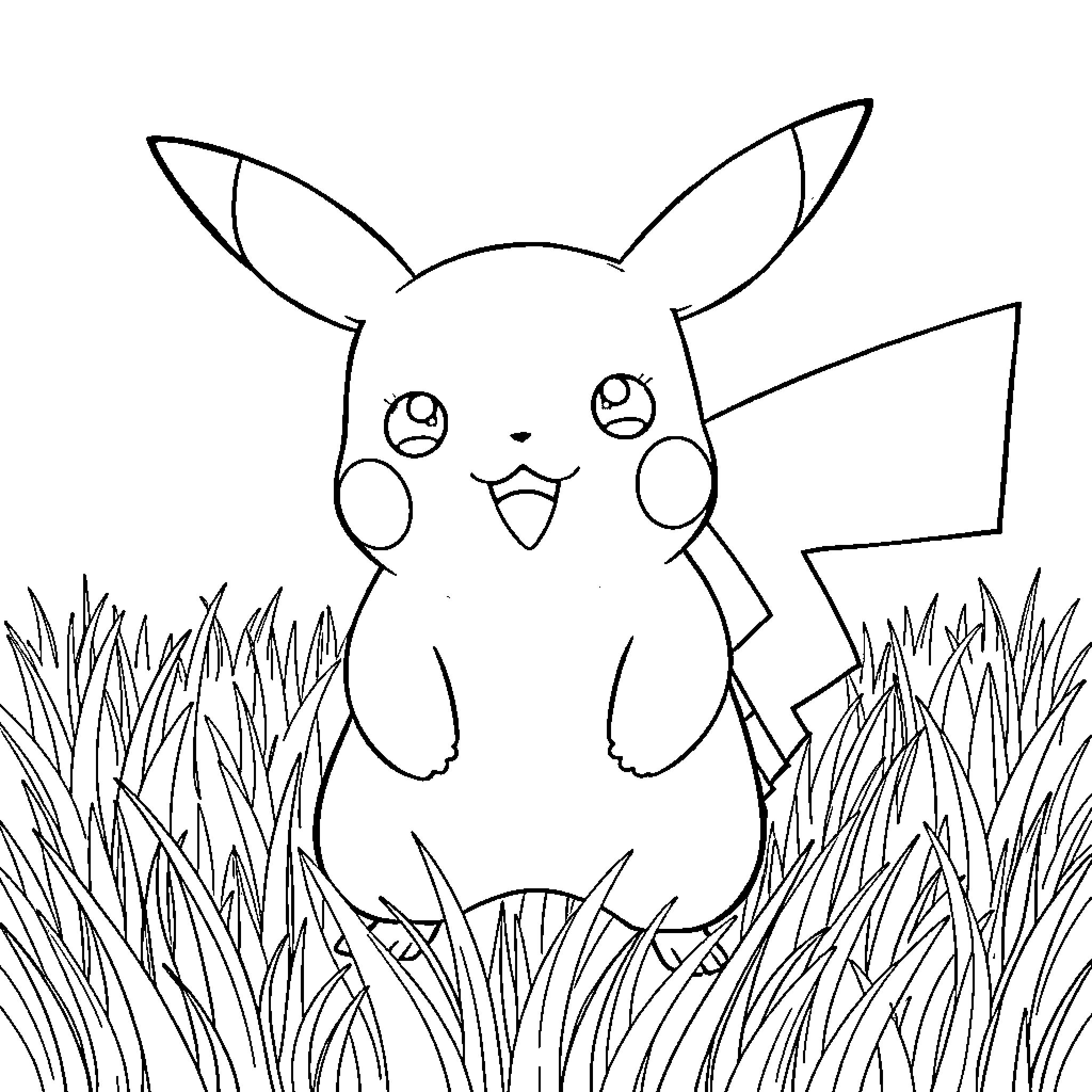 Pikachu playing in the grass Coloring Page (free black-and-white line drawing printable PDF for all, from beginners to advanced learners, including children, teens, adults, and seniors)
