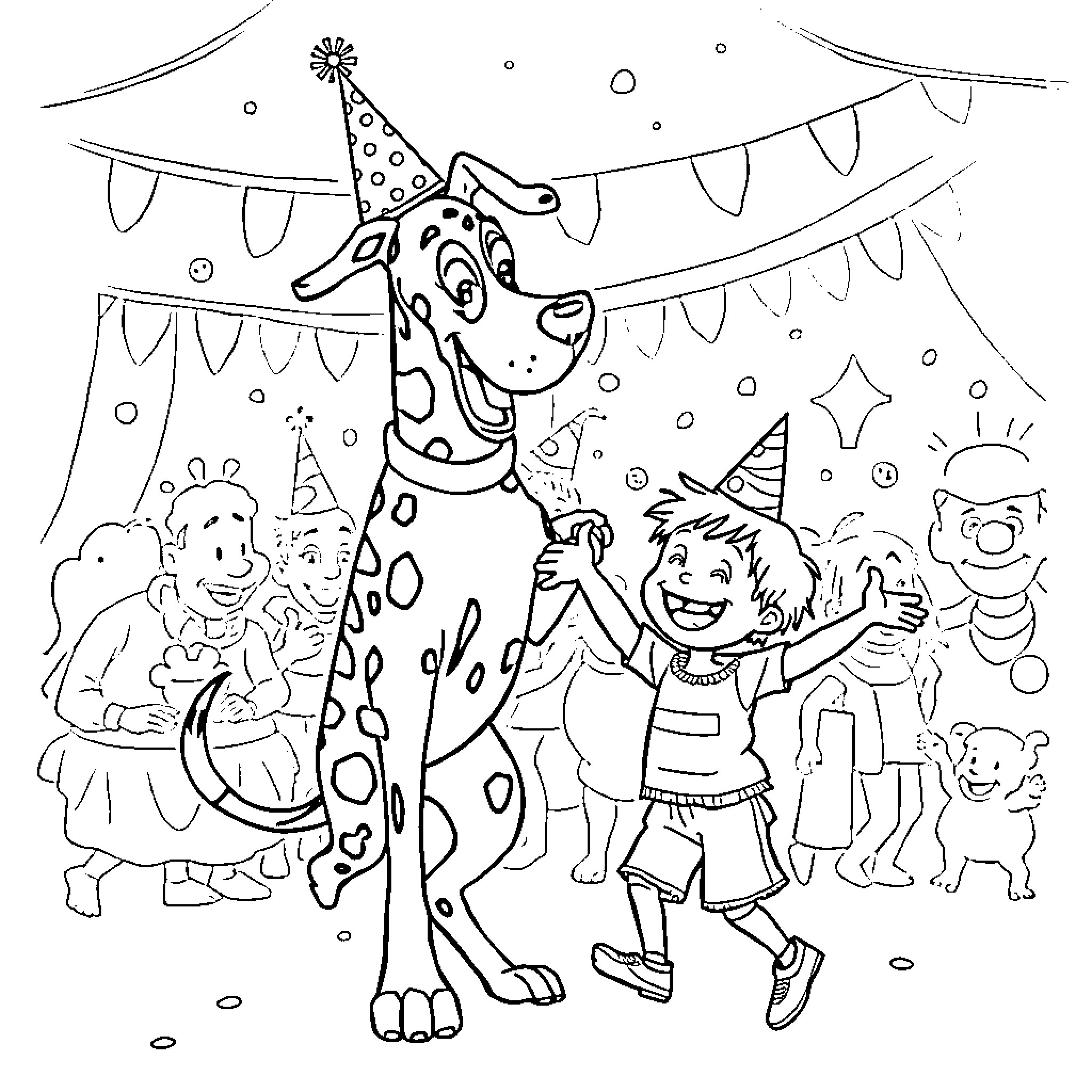 Dane enjoys a lively birthday party with friends and pets Coloring Page (free black-and-white line drawing printable PDF for all, from beginners to advanced learners, including children, teens, adults, and seniors)