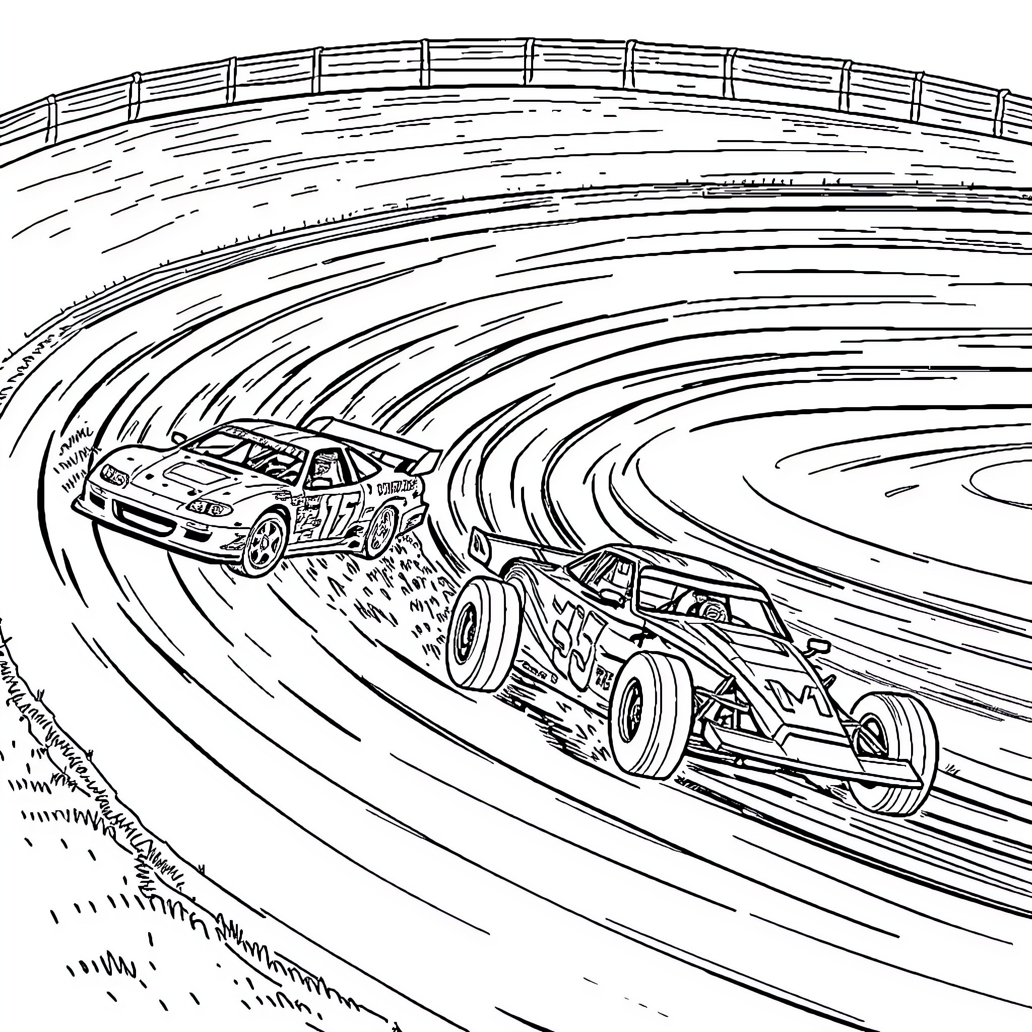 Race Car Drivers Competing on Winding Track Coloring Page (free black-and-white line drawing printable PDF for all, from beginners to advanced learners, including children, teens, adults, and seniors)