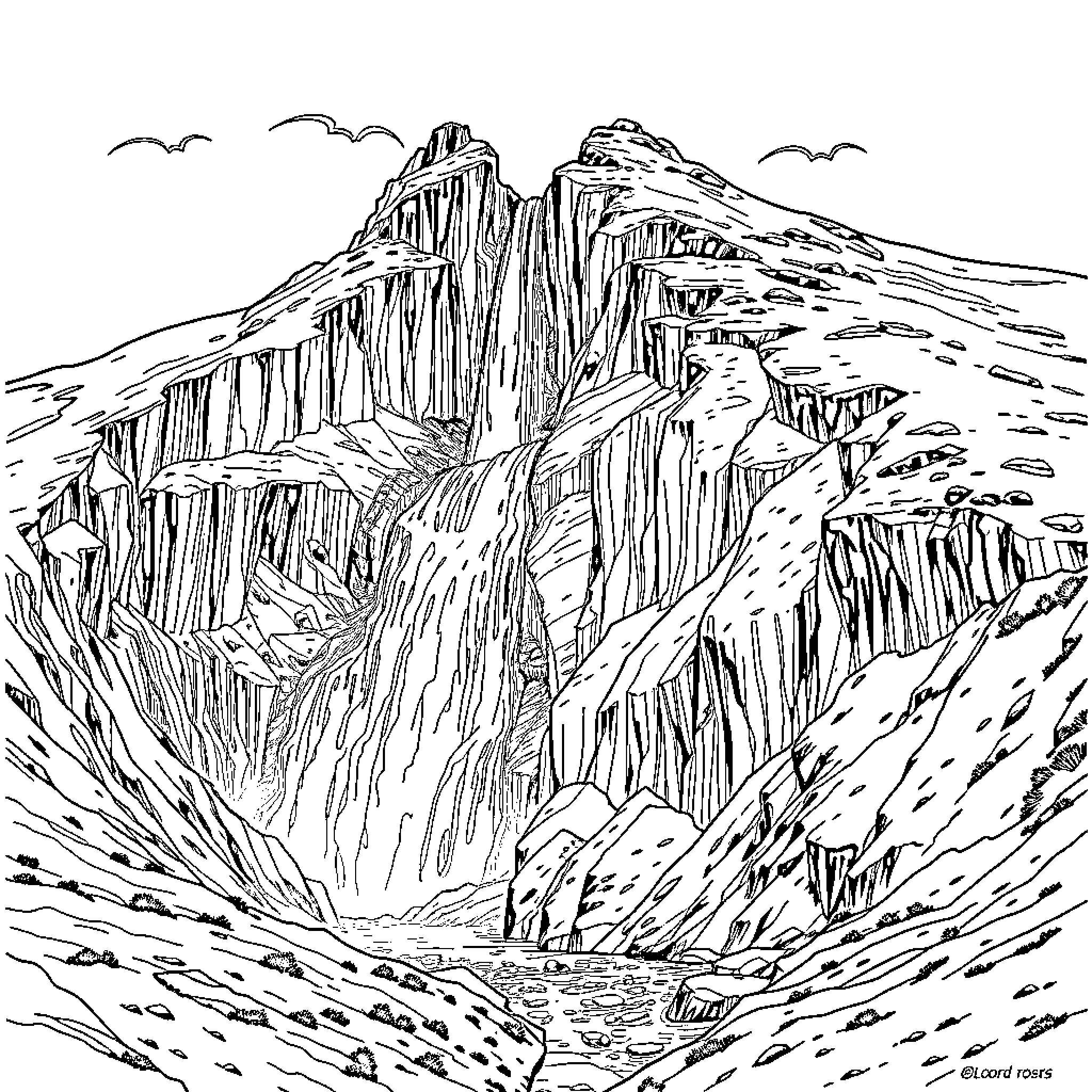 Waterfall Cascading Through Rugged Mountainous Terrain Coloring Page (free black-and-white line drawing printable PDF for all, from beginners to advanced learners, including children, teens, adults, and seniors)
