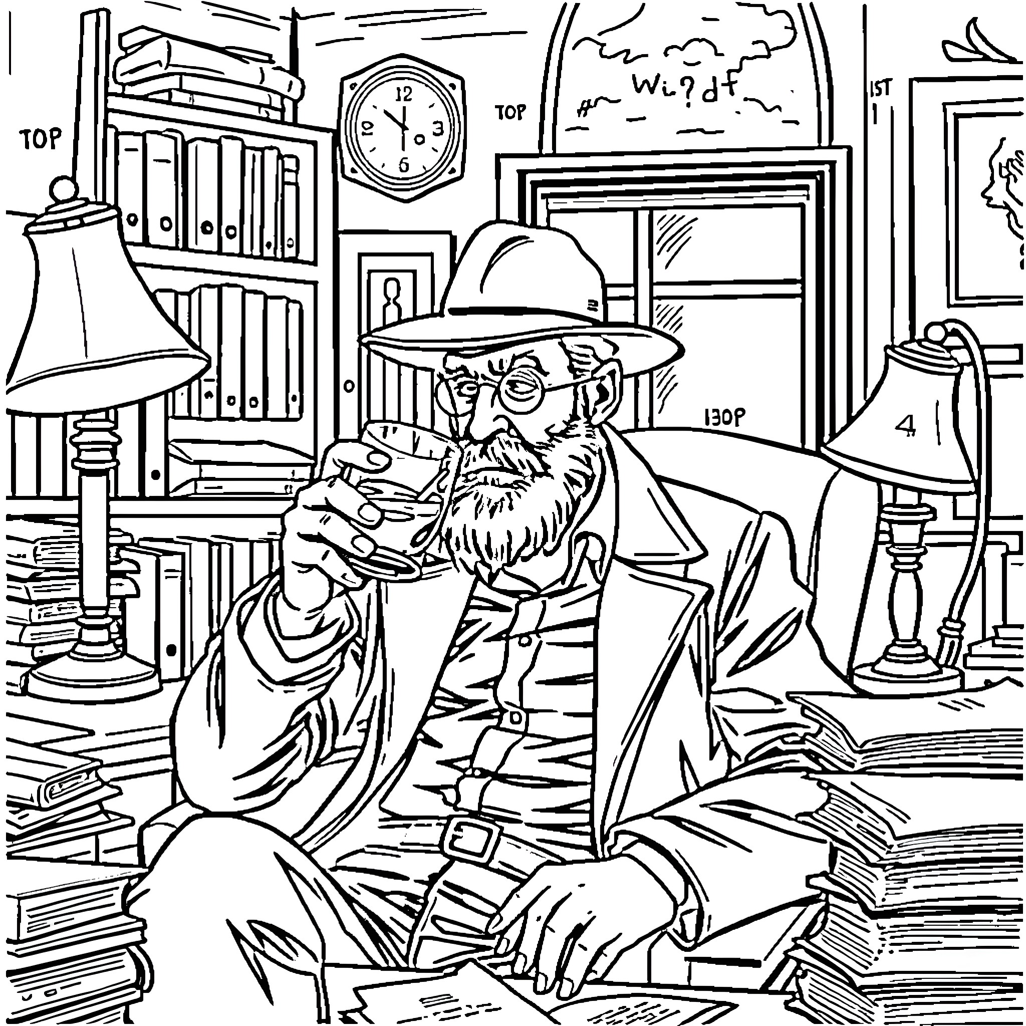 Detective Investigates Mysterious Clues in Cluttered Office Coloring Page (free black-and-white line drawing printable PDF for all, from beginners to advanced learners, including children, teens, adults, and seniors)