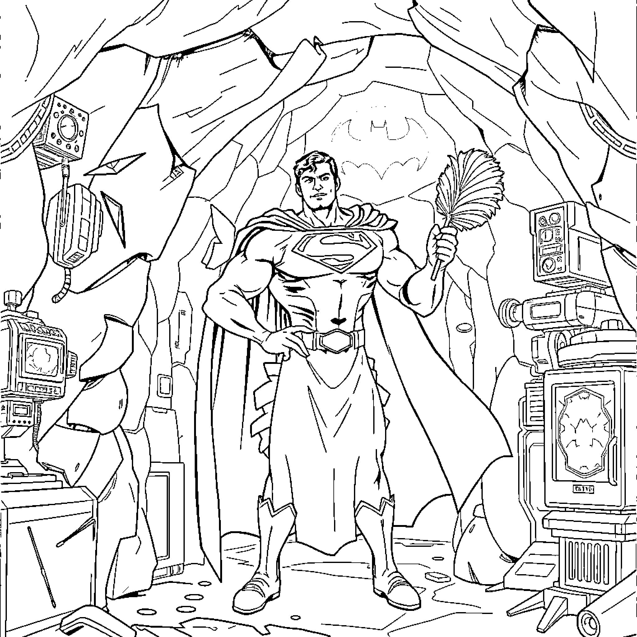 Superman heroically stands amidst a battle-worn landscape Coloring Page (free black-and-white line drawing printable PDF for all, from beginners to advanced learners, including children, teens, adults, and seniors)