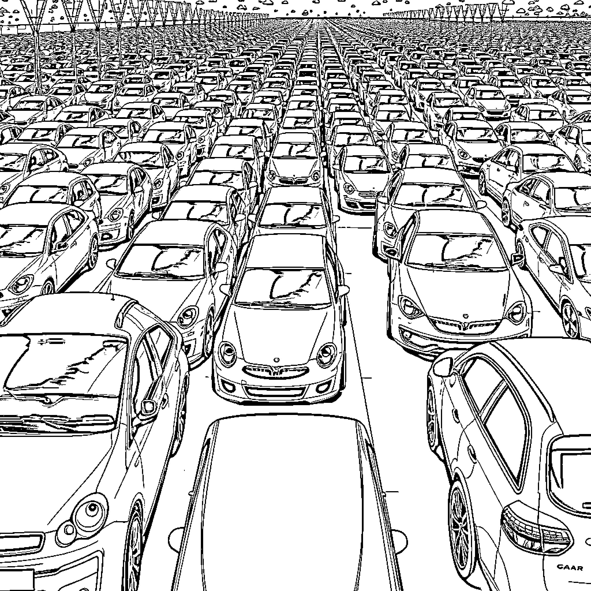 Car traffic jam on crowded city street Coloring Page (free black-and-white line drawing printable PDF for all, from beginners to advanced learners, including children, teens, adults, and seniors)