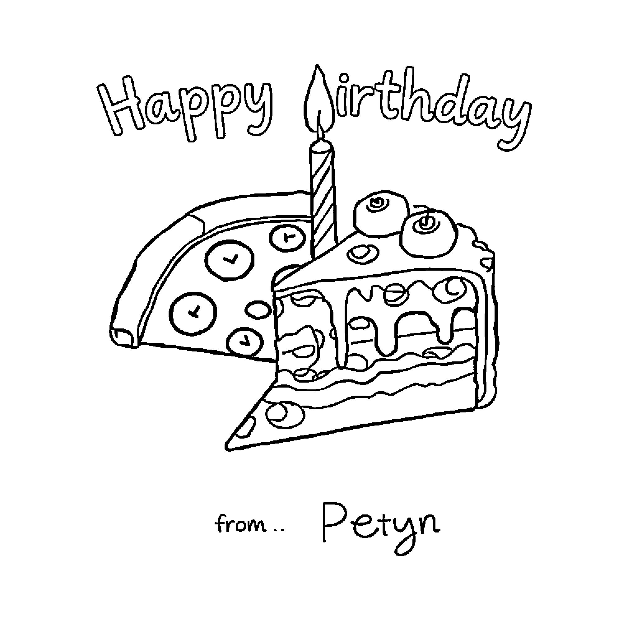 Pizza Slice Birthday Cake with Candle Coloring Page (free black-and-white line drawing printable PDF for all, from beginners to advanced learners, including children, teens, adults, and seniors)