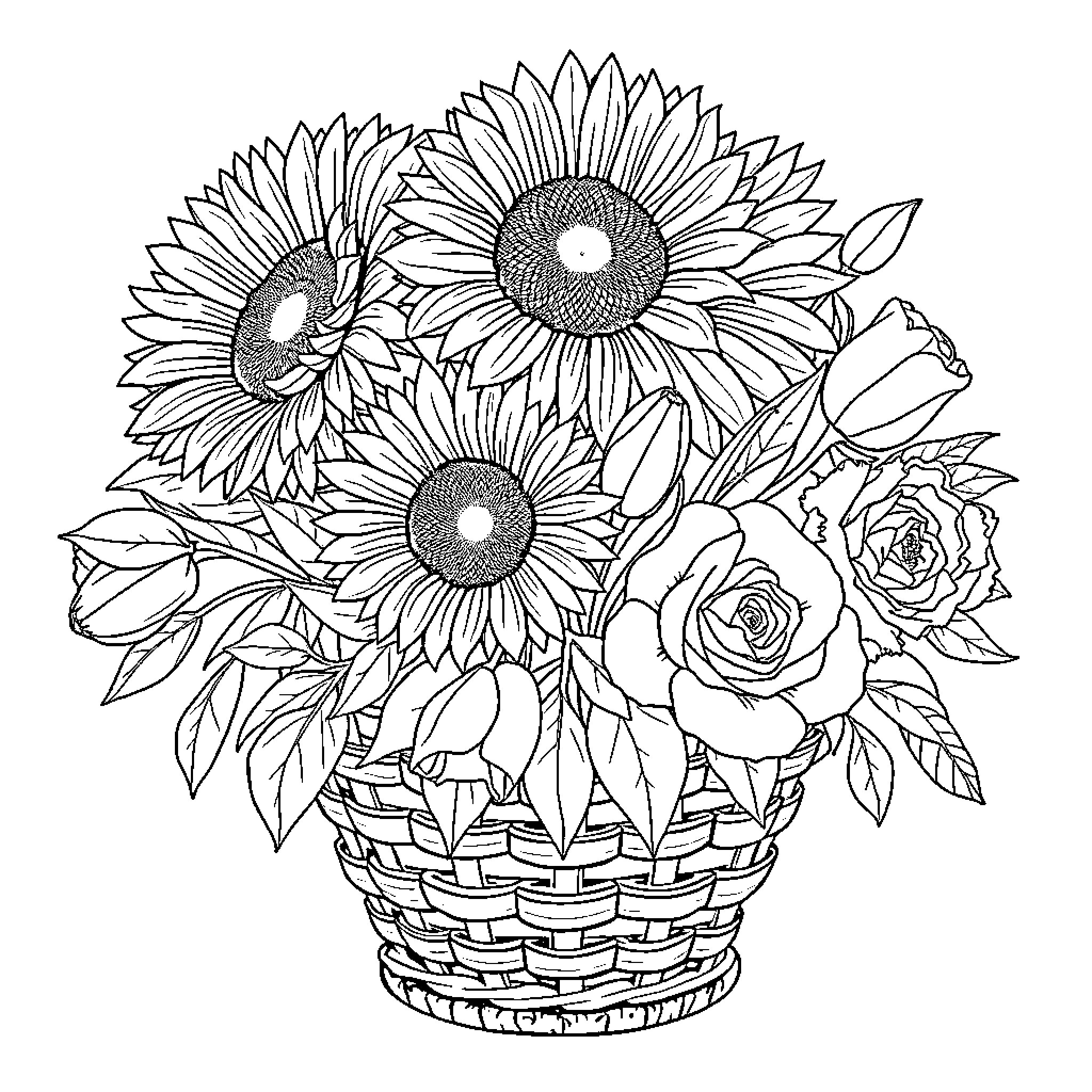 Flower Bouquet in Woven Basket Coloring Page (free black-and-white line drawing printable PDF for all, from beginners to advanced learners, including children, teens, adults, and seniors)