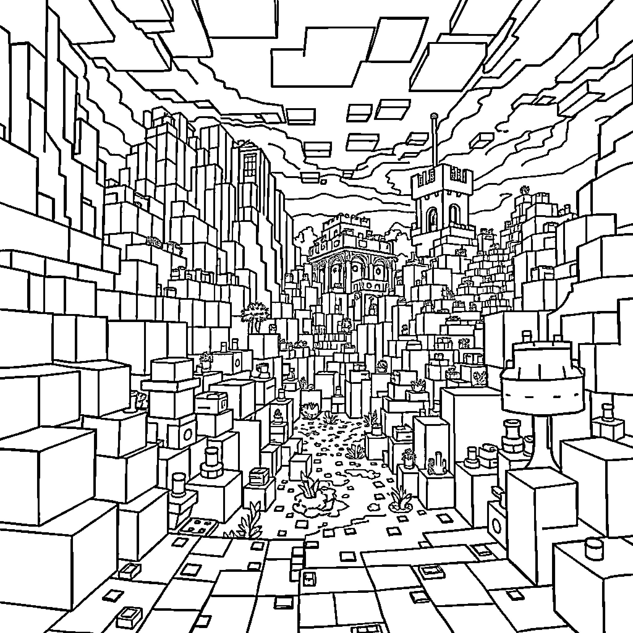 Minecraft Cityscape with Intricate Geometric Structures Coloring Page (free black-and-white line drawing printable PDF for all, from beginners to advanced learners, including children, teens, adults, and seniors)