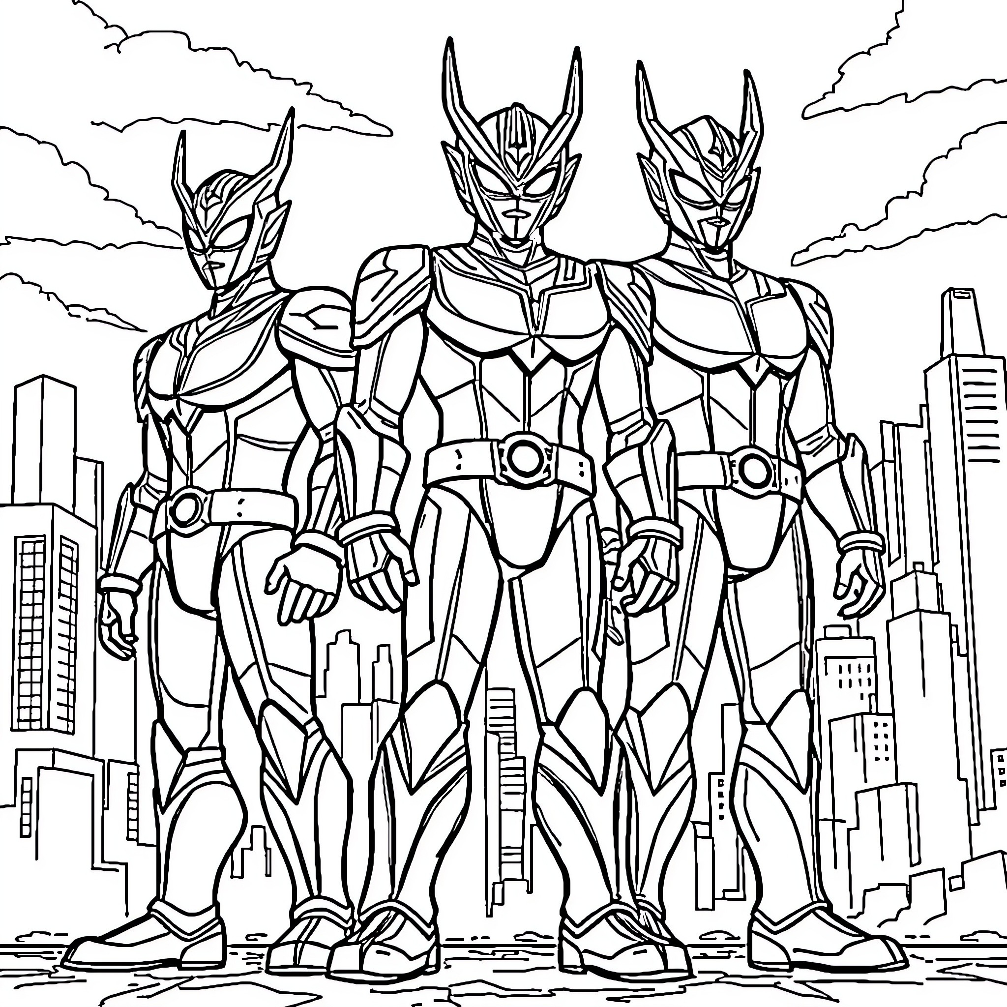 Ultraman Heroes Defending the City Coloring Page (free black-and-white line drawing printable PDF for all, from beginners to advanced learners, including children, teens, adults, and seniors)