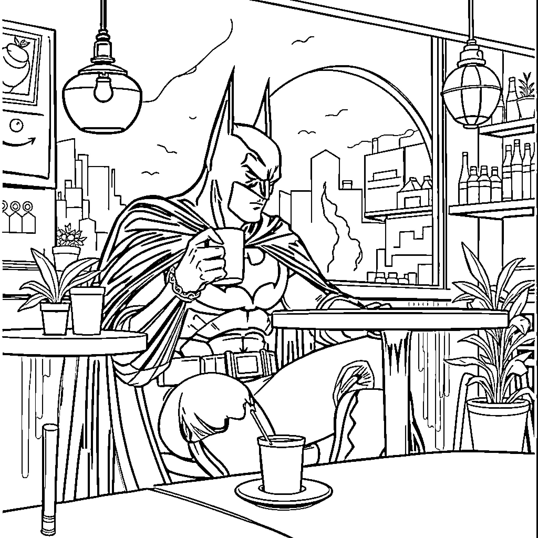 Batman Relaxing in a Cozy Cafe Coloring Page (free black-and-white line drawing printable PDF for all, from beginners to advanced learners, including children, teens, adults, and seniors)