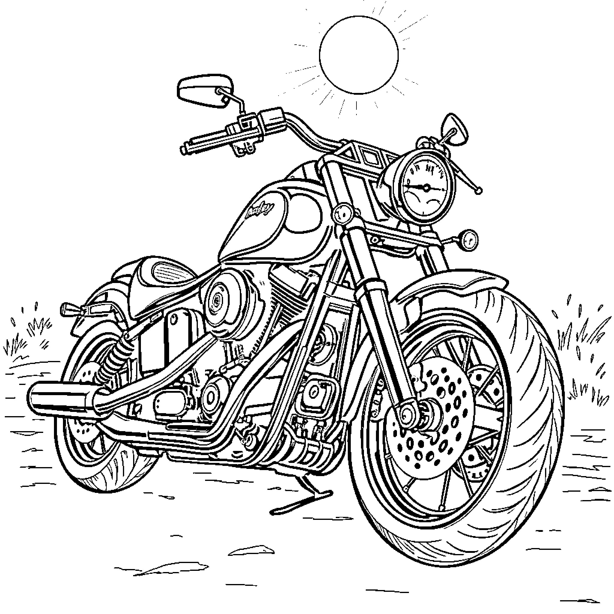 Harley on the open road Coloring Page (free black-and-white line drawing printable PDF for all, from beginners to advanced learners, including children, teens, adults, and seniors)