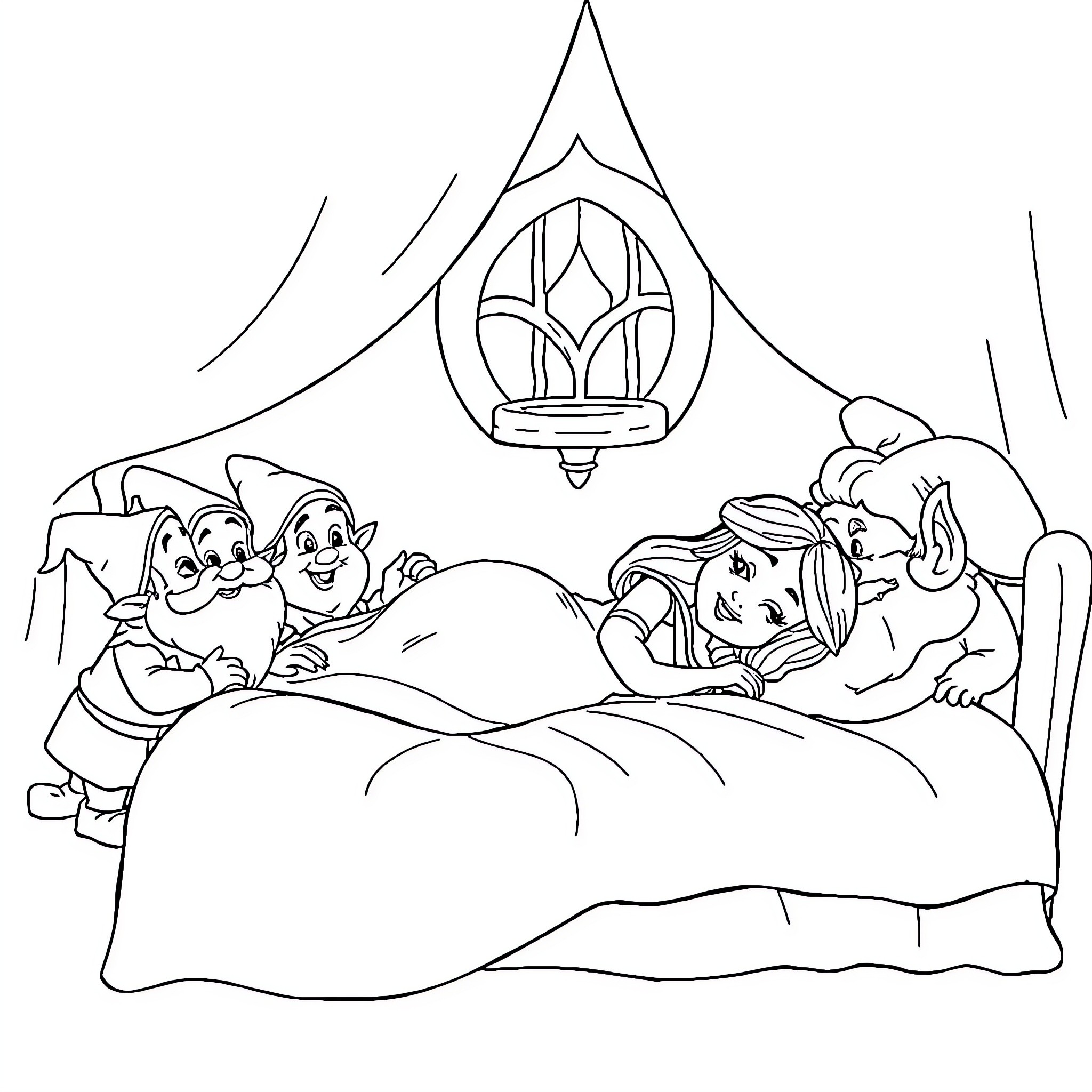 Sleeping Beauty and her friends resting in a cozy castle Coloring Page (free black-and-white line drawing printable PDF for all, from beginners to advanced learners, including children, teens, adults, and seniors)