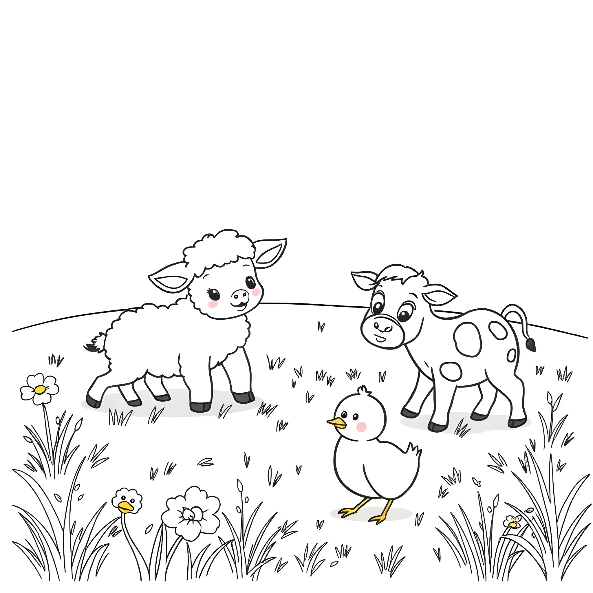 Baby Animals Playing in the Meadow Coloring Page (free black-and-white line drawing printable PDF for all, from beginners to advanced learners, including children, teens, adults, and seniors)
