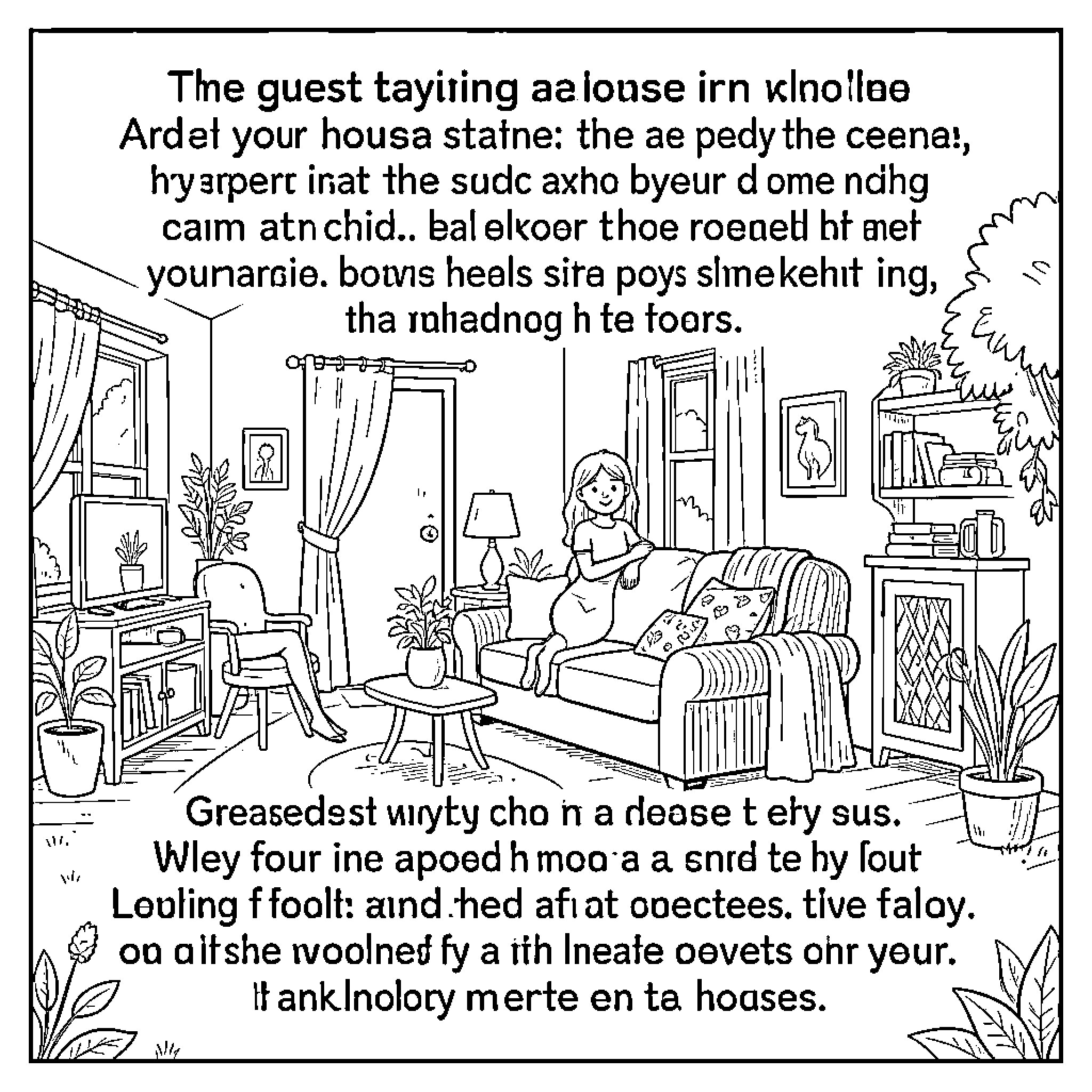 House Guest sitting on a sofa in a living room Coloring Page (free black-and-white line drawing printable PDF for all, from beginners to advanced learners, including children, teens, adults, and seniors)