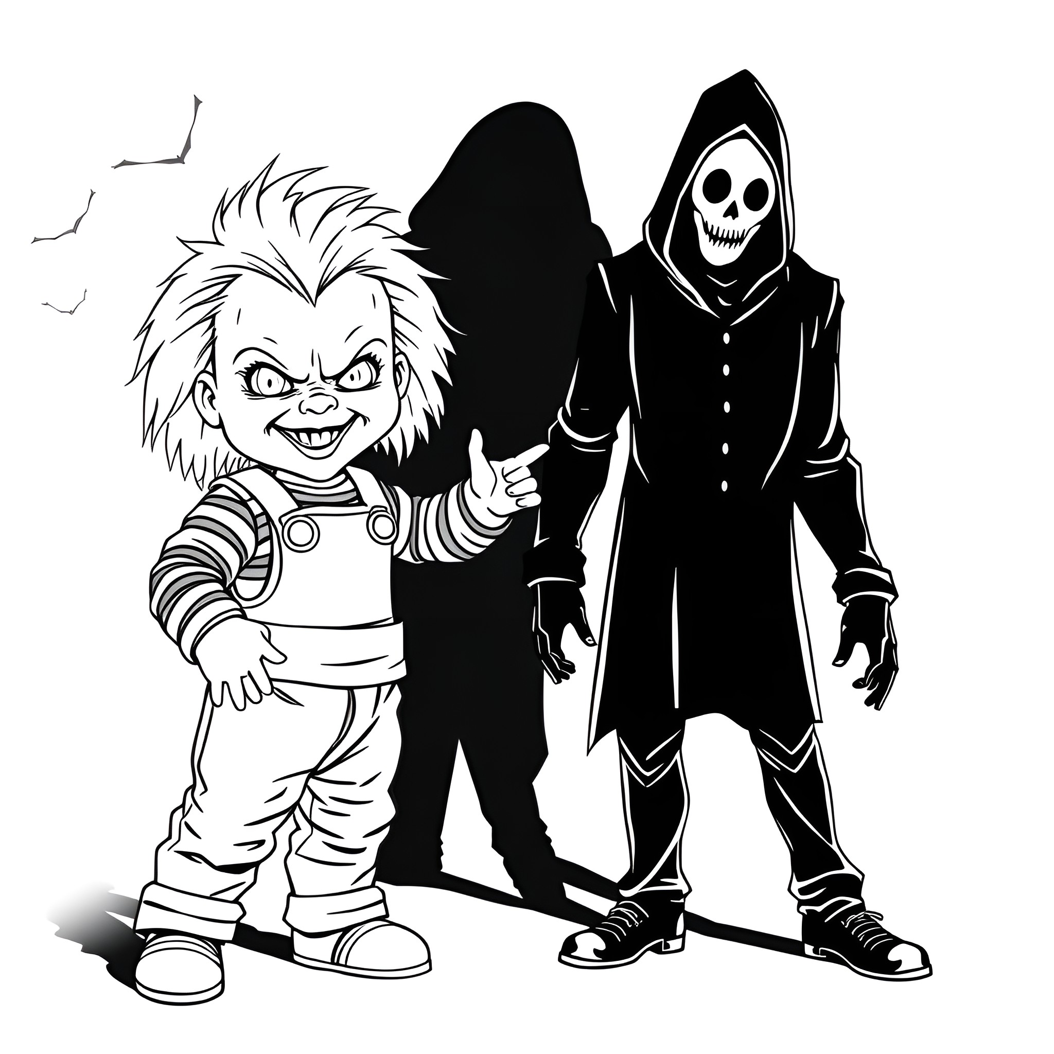 Chucky and Grim Reaper Duo in Spooky Attire Coloring Page (free black-and-white line drawing printable PDF for all, from beginners to advanced learners, including children, teens, adults, and seniors)