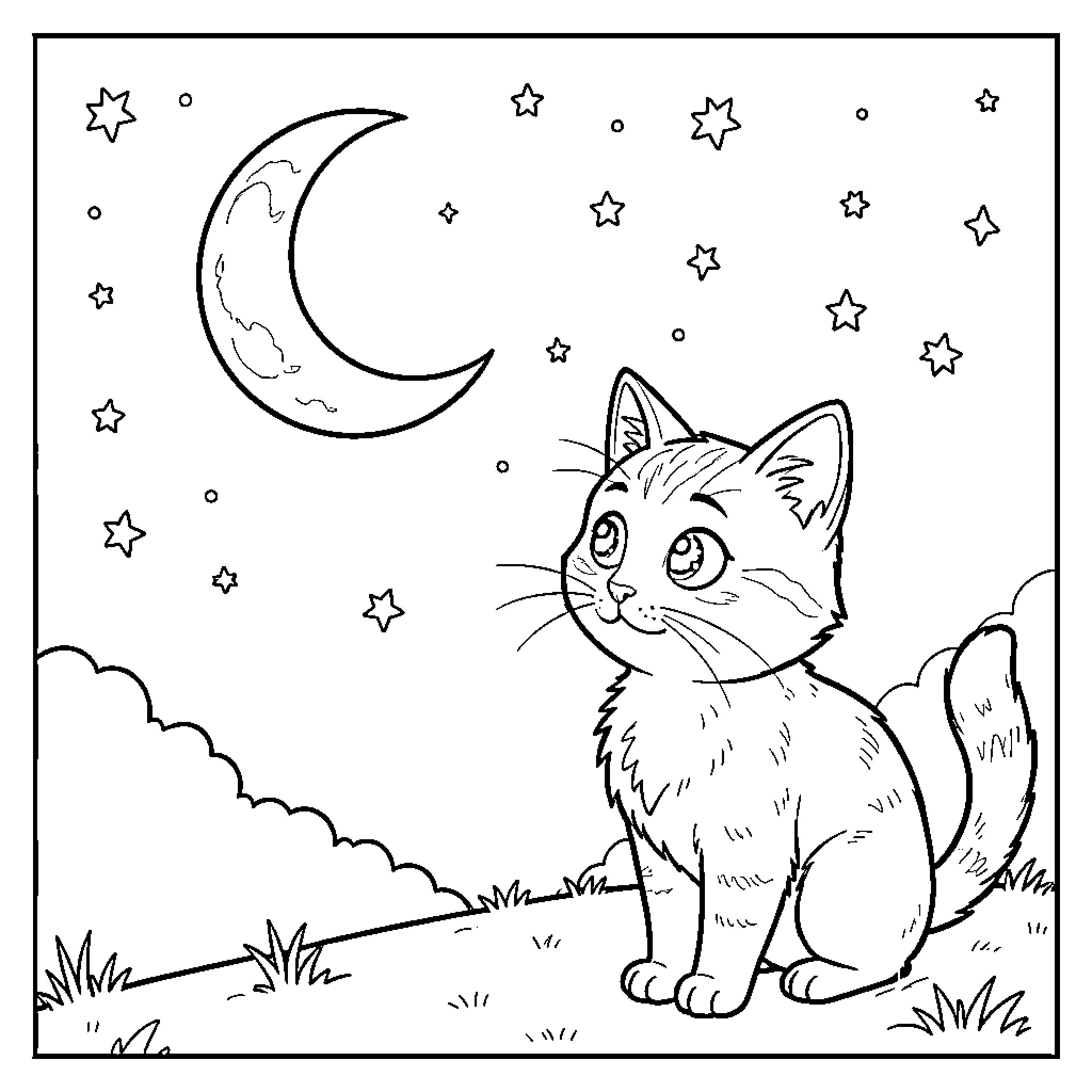 Cat enjoying the starry night Coloring Page (free black-and-white line drawing printable PDF for all, from beginners to advanced learners, including children, teens, adults, and seniors)
