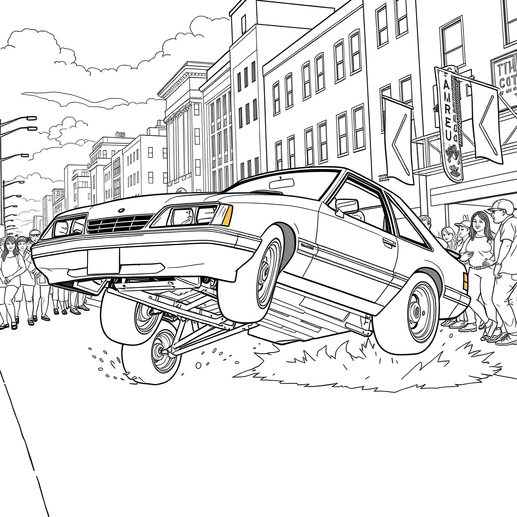 Ford Mustang racing through the city streets Coloring Page (free black-and-white line drawing printable PDF for all, from beginners to advanced learners, including children, teens, adults, and seniors)
