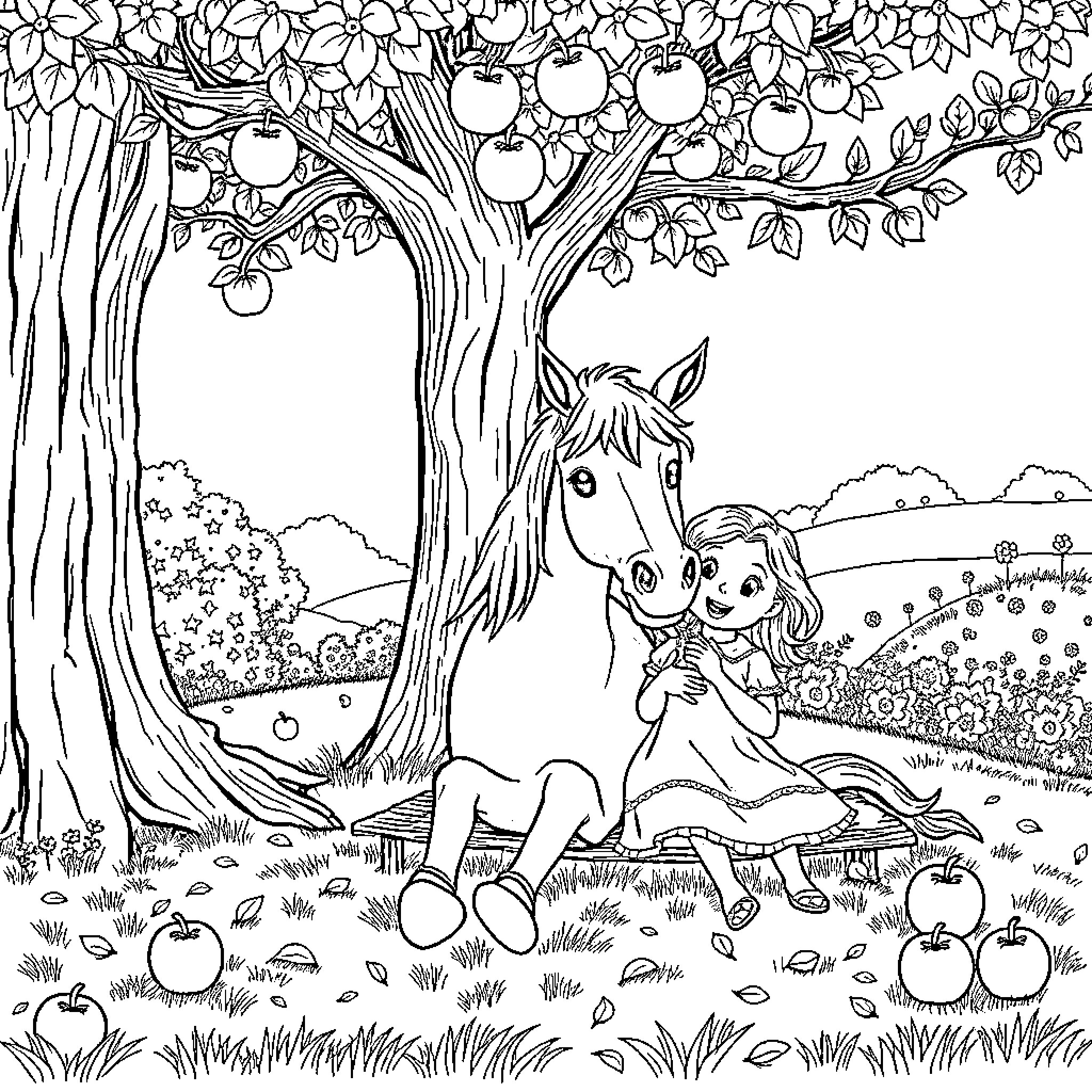 Horse and child in a scenic orchard Coloring Page (free black-and-white line drawing printable PDF for all, from beginners to advanced learners, including children, teens, adults, and seniors)