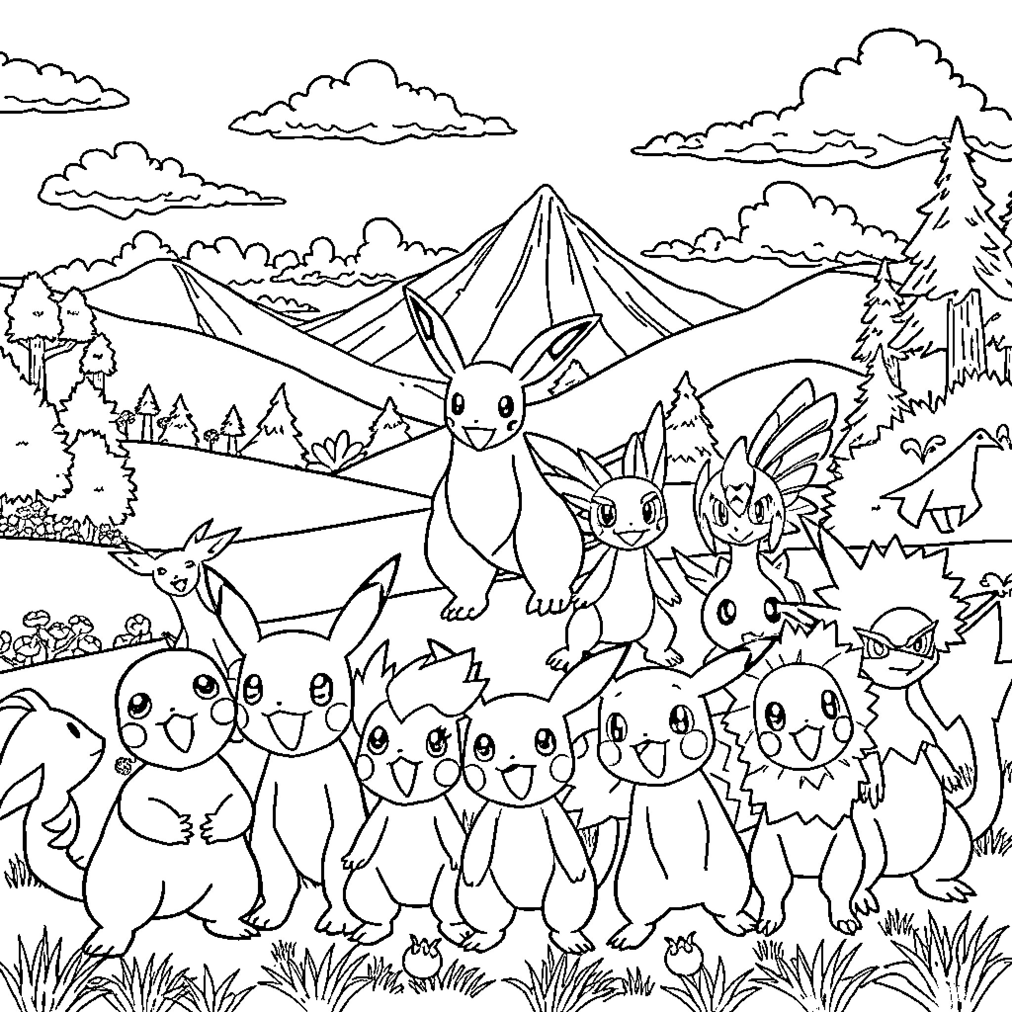 Pokémon enjoying a scenic mountain adventure Coloring Page (free black-and-white line drawing printable PDF for all, from beginners to advanced learners, including children, teens, adults, and seniors)