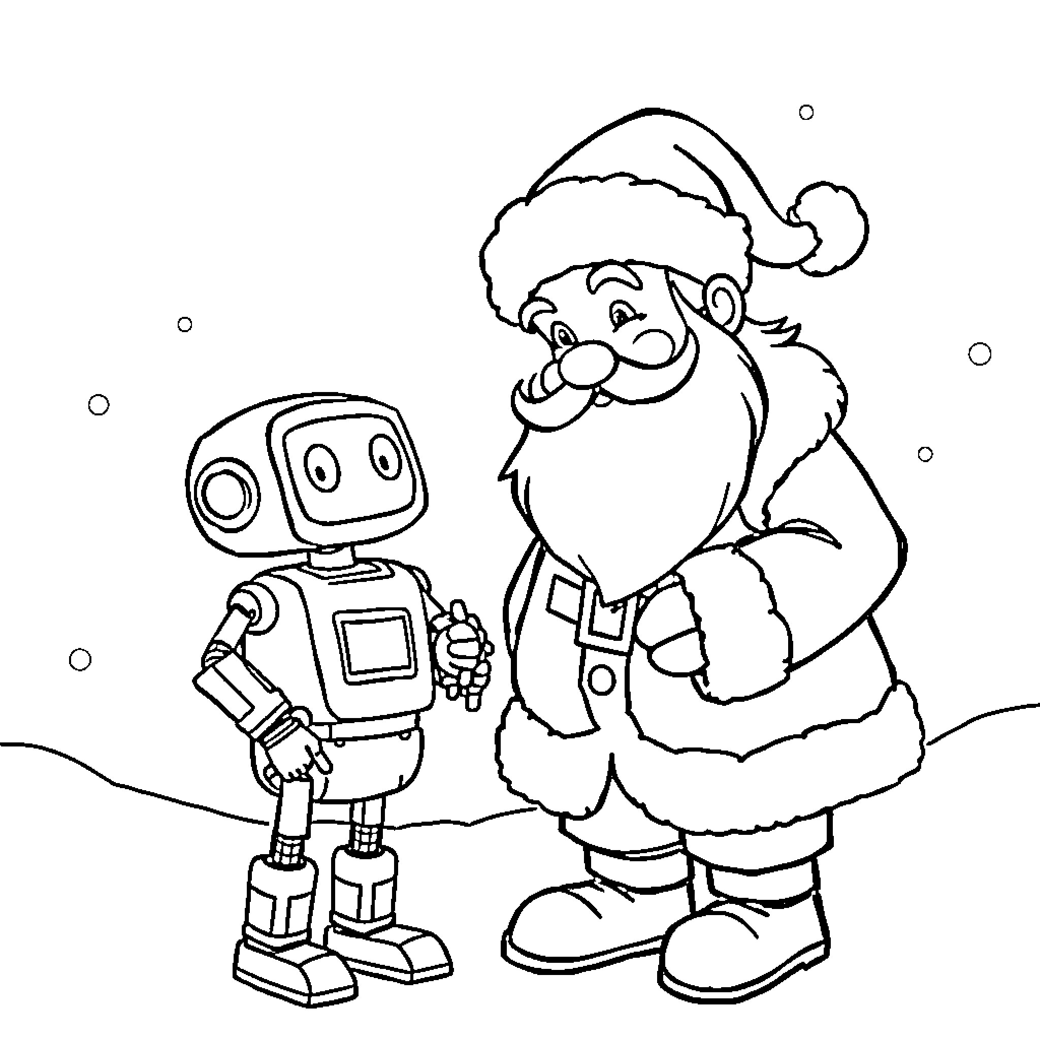 Robot meeting Santa Claus in the snow Coloring Page (free black-and-white line drawing printable PDF for all, from beginners to advanced learners, including children, teens, adults, and seniors)