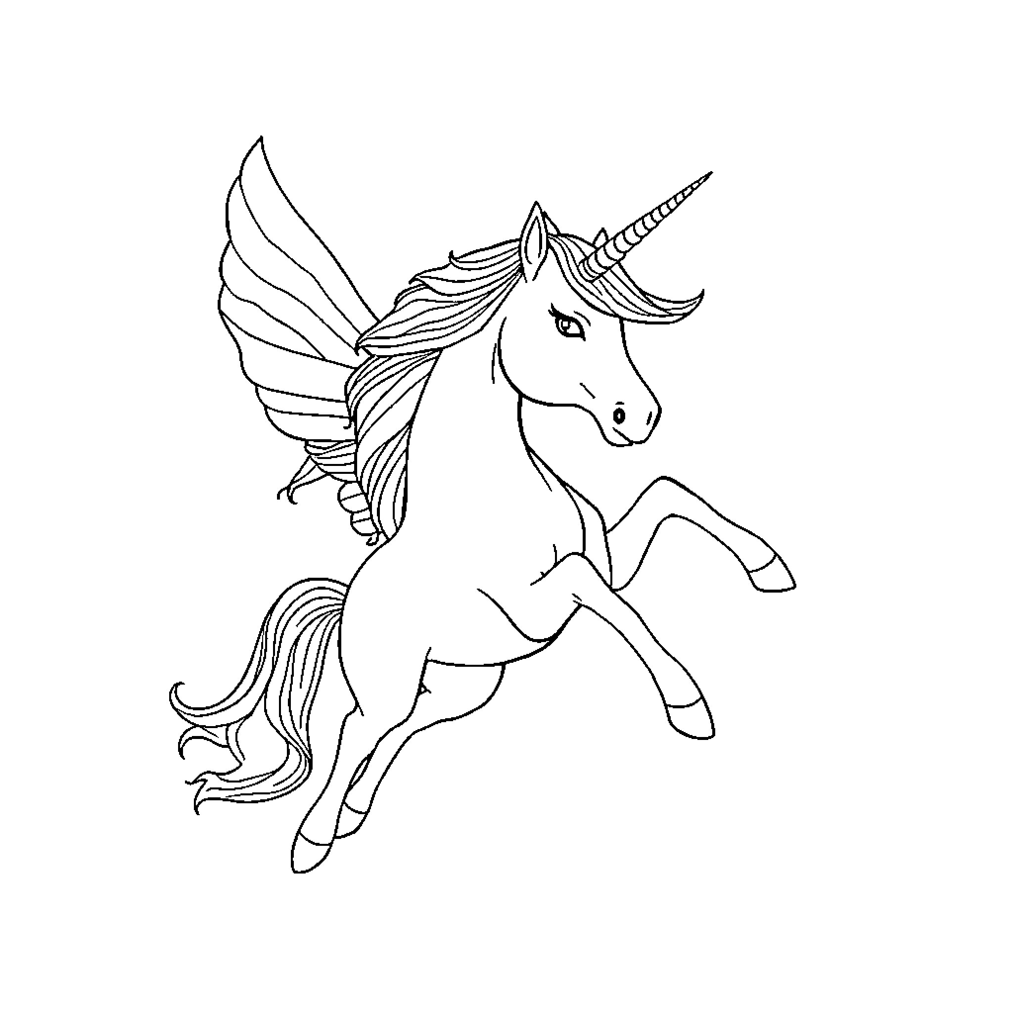 Unicorn galloping with majestic wings Coloring Page (free black-and-white line drawing printable PDF for all, from beginners to advanced learners, including children, teens, adults, and seniors)
