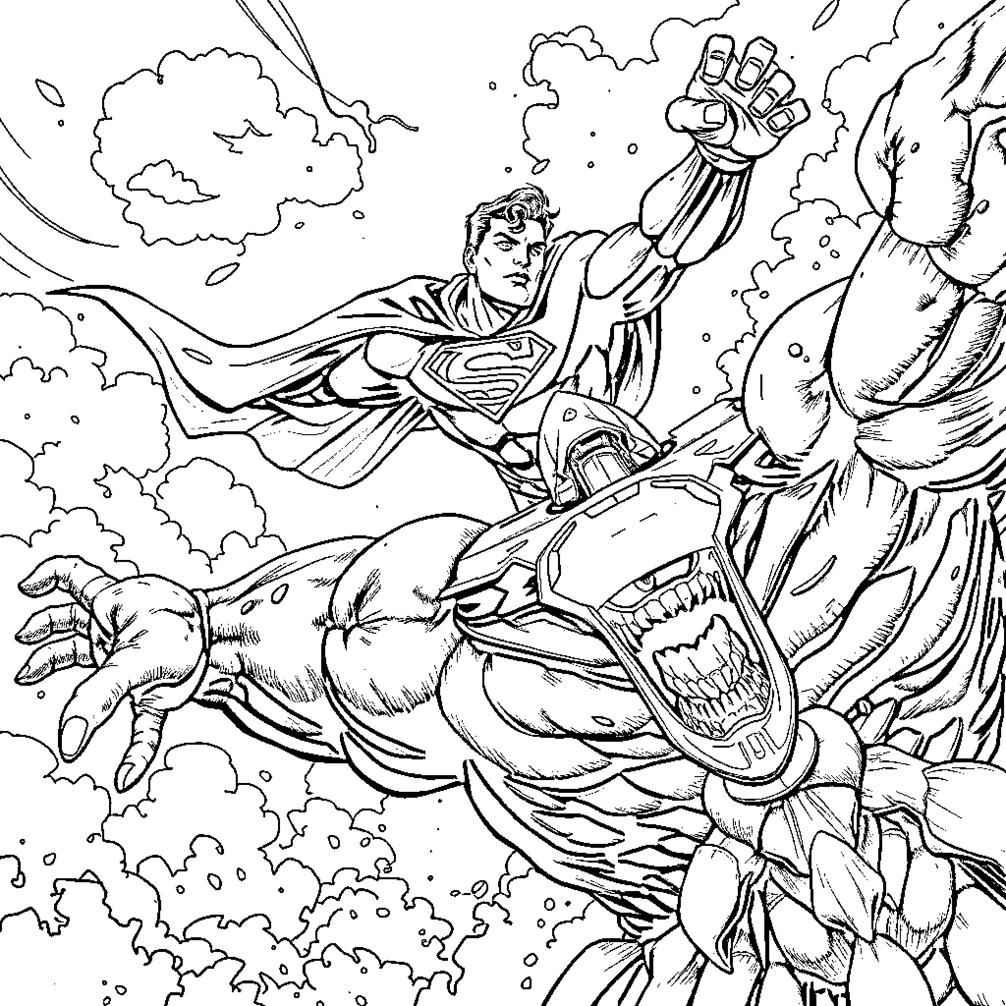 Superman battling a ferocious beast Coloring Page (free black-and-white line drawing printable PDF for all, from beginners to advanced learners, including children, teens, adults, and seniors)