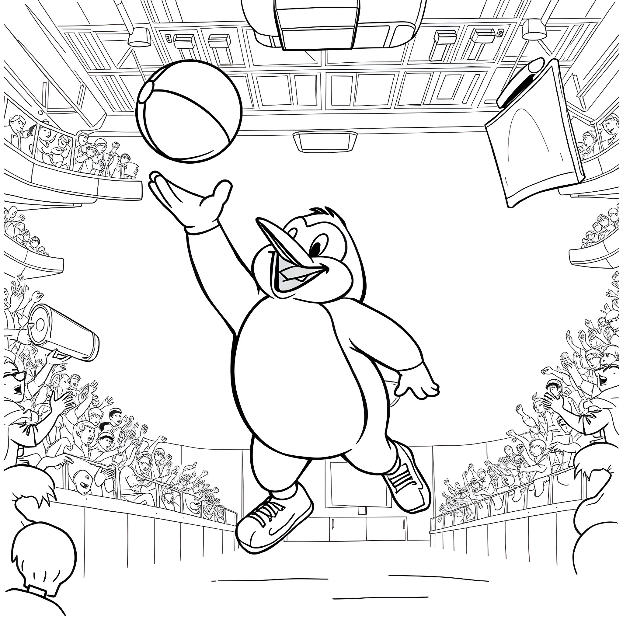 Gritty Penguin's Energetic Basketball Game Coloring Page (free black-and-white line drawing printable PDF for all, from beginners to advanced learners, including children, teens, adults, and seniors)