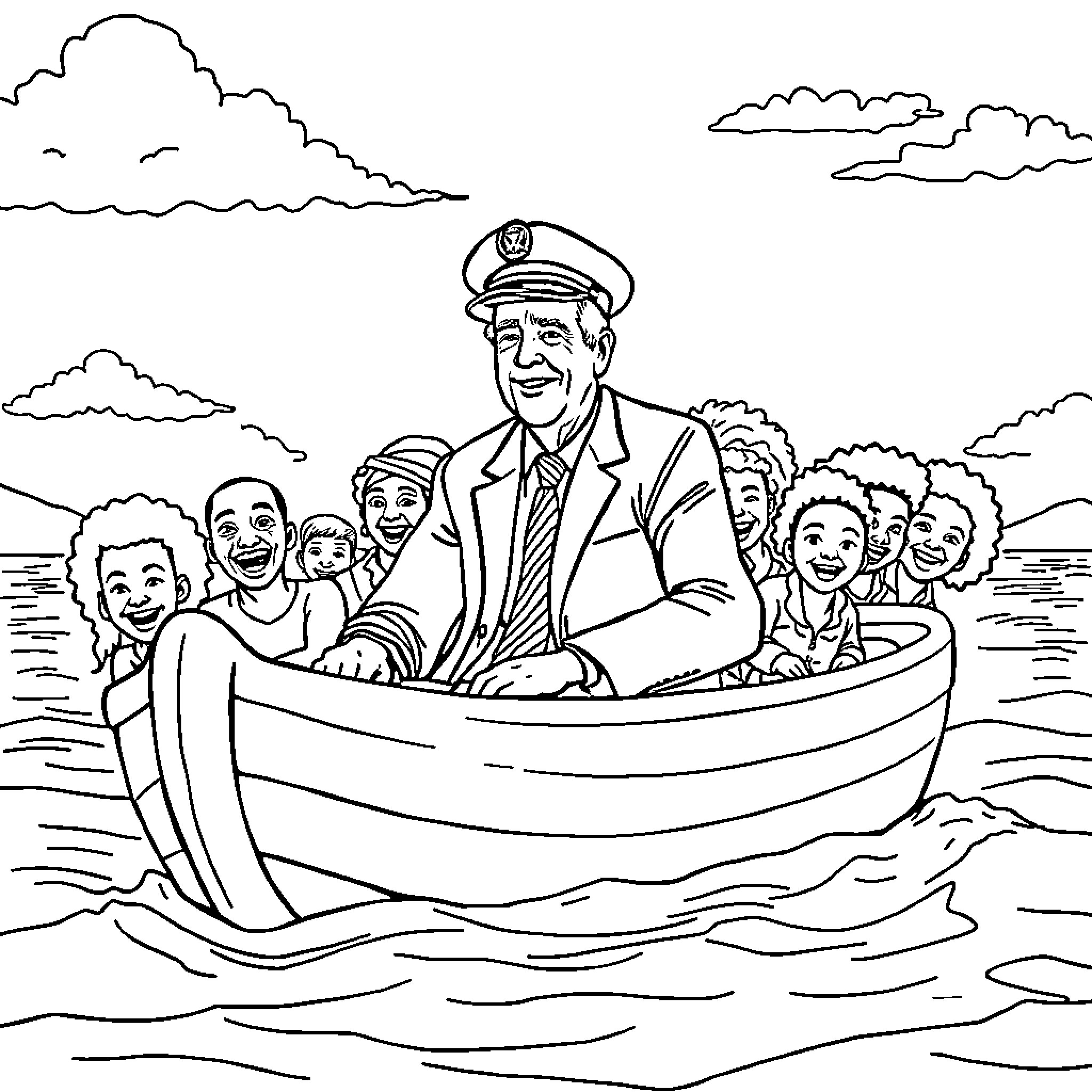 Nigel Farage captains a boat filled with companions Coloring Page (free black-and-white line drawing printable PDF for all, from beginners to advanced learners, including children, teens, adults, and seniors)