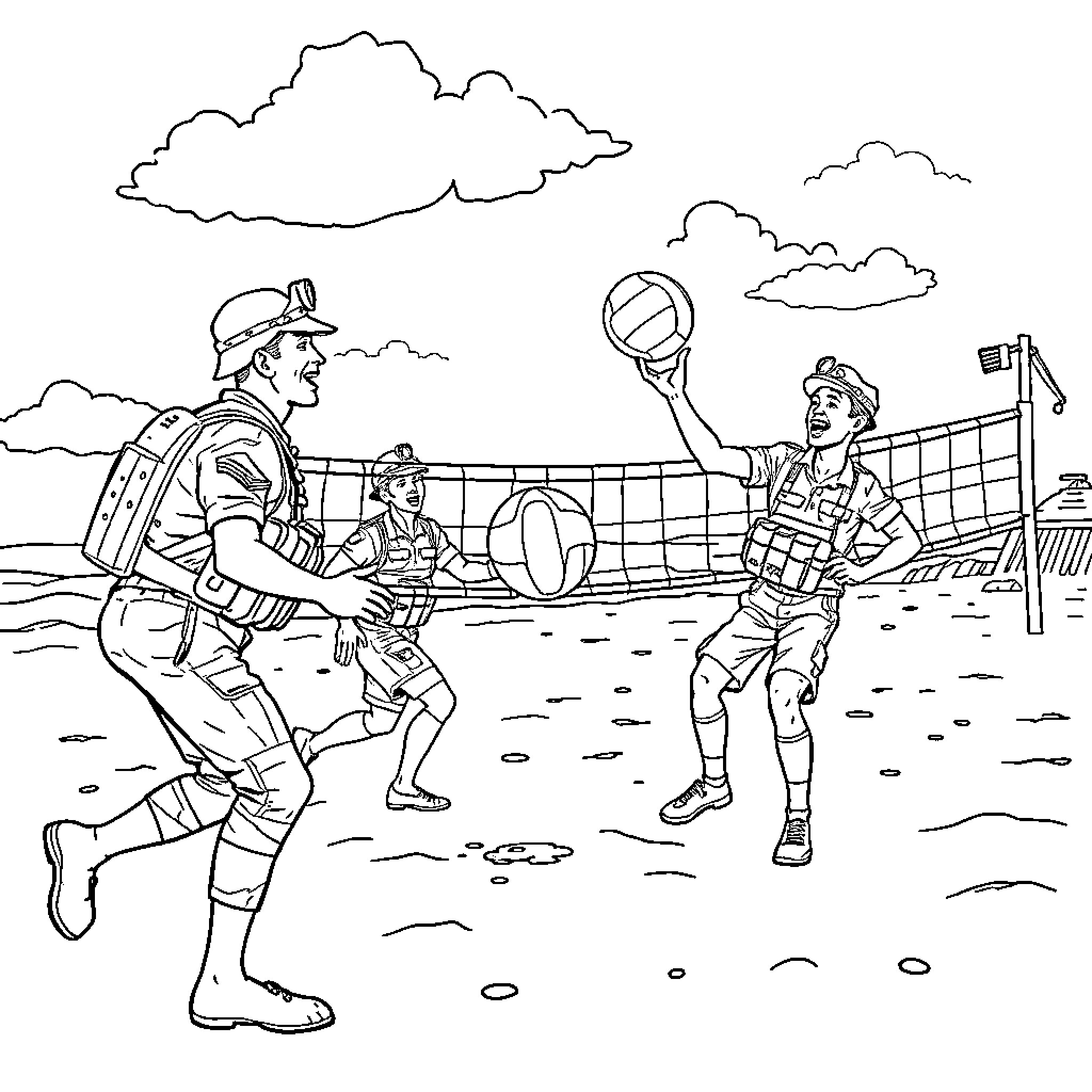 Army soldiers playing volleyball on the beach Coloring Page (free black-and-white line drawing printable PDF for all, from beginners to advanced learners, including children, teens, adults, and seniors)