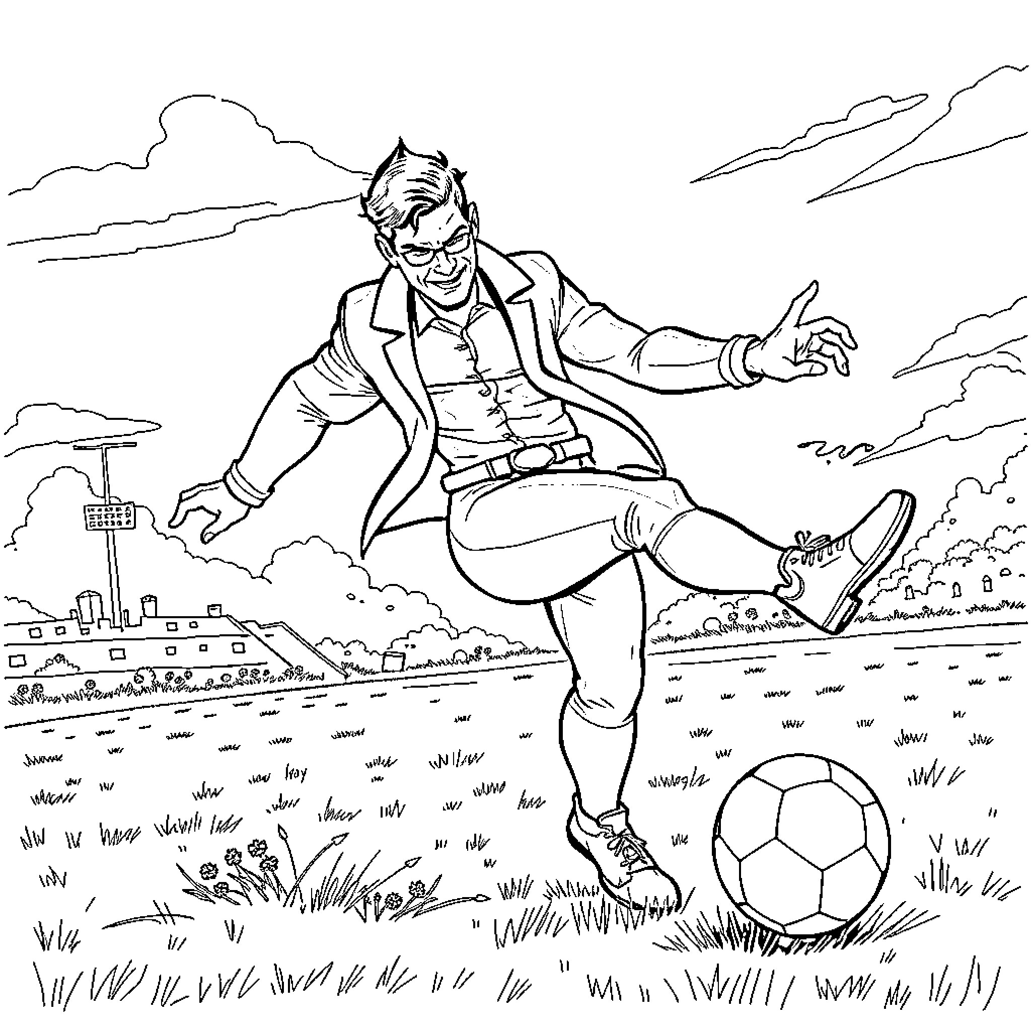 Riddler's Playful Antics on the Soccer Field Coloring Page (free black-and-white line drawing printable PDF for all, from beginners to advanced learners, including children, teens, adults, and seniors)