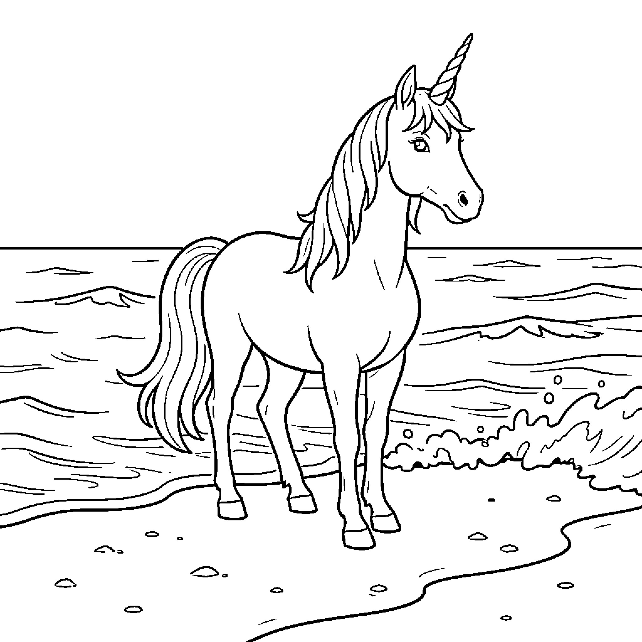 Unicorn standing peacefully on a sandy beach Coloring Page (free black-and-white line drawing printable PDF for all, from beginners to advanced learners, including children, teens, adults, and seniors)