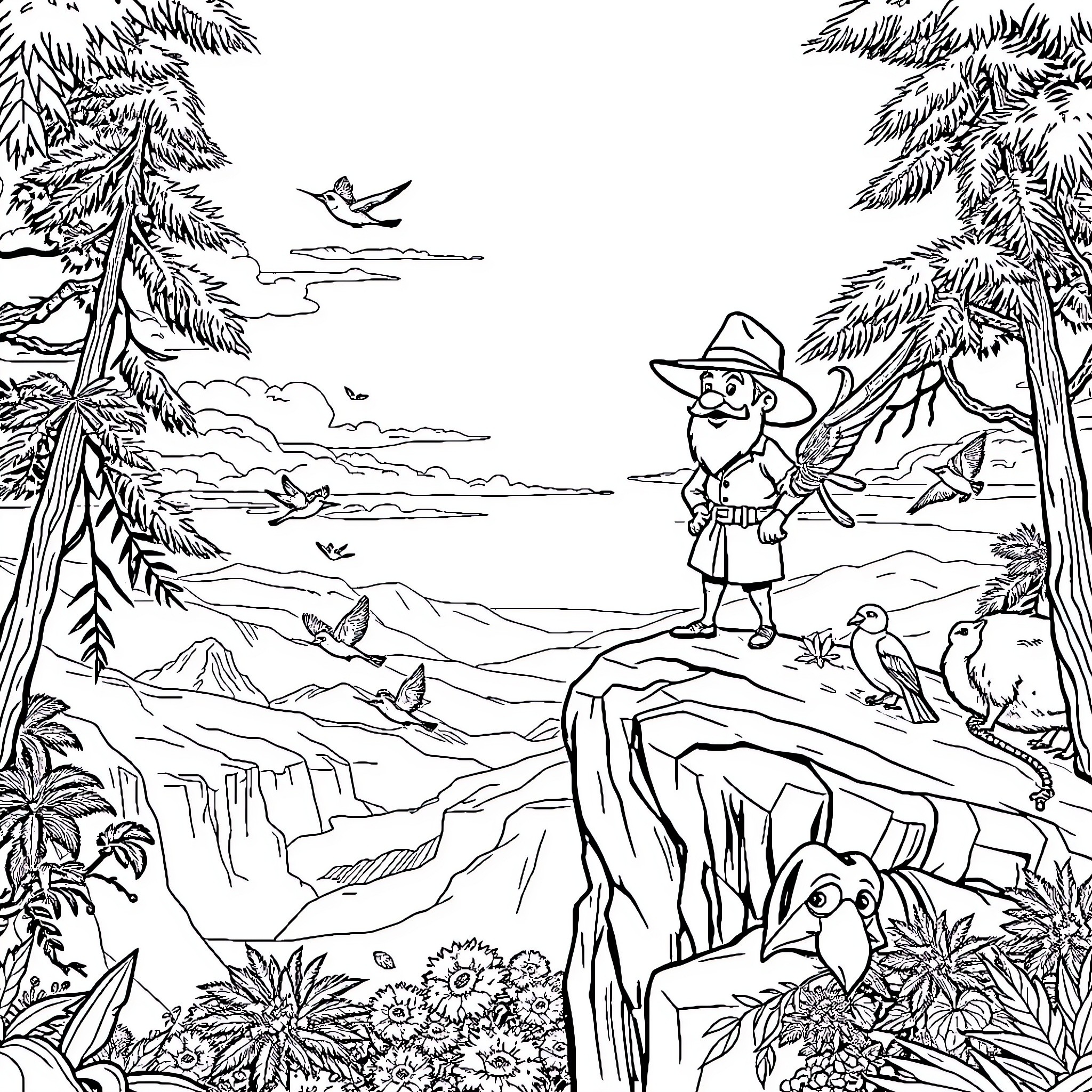 Adventurer exploring the serene wilderness landscape Coloring Page (free black-and-white line drawing printable PDF for all, from beginners to advanced learners, including children, teens, adults, and seniors)