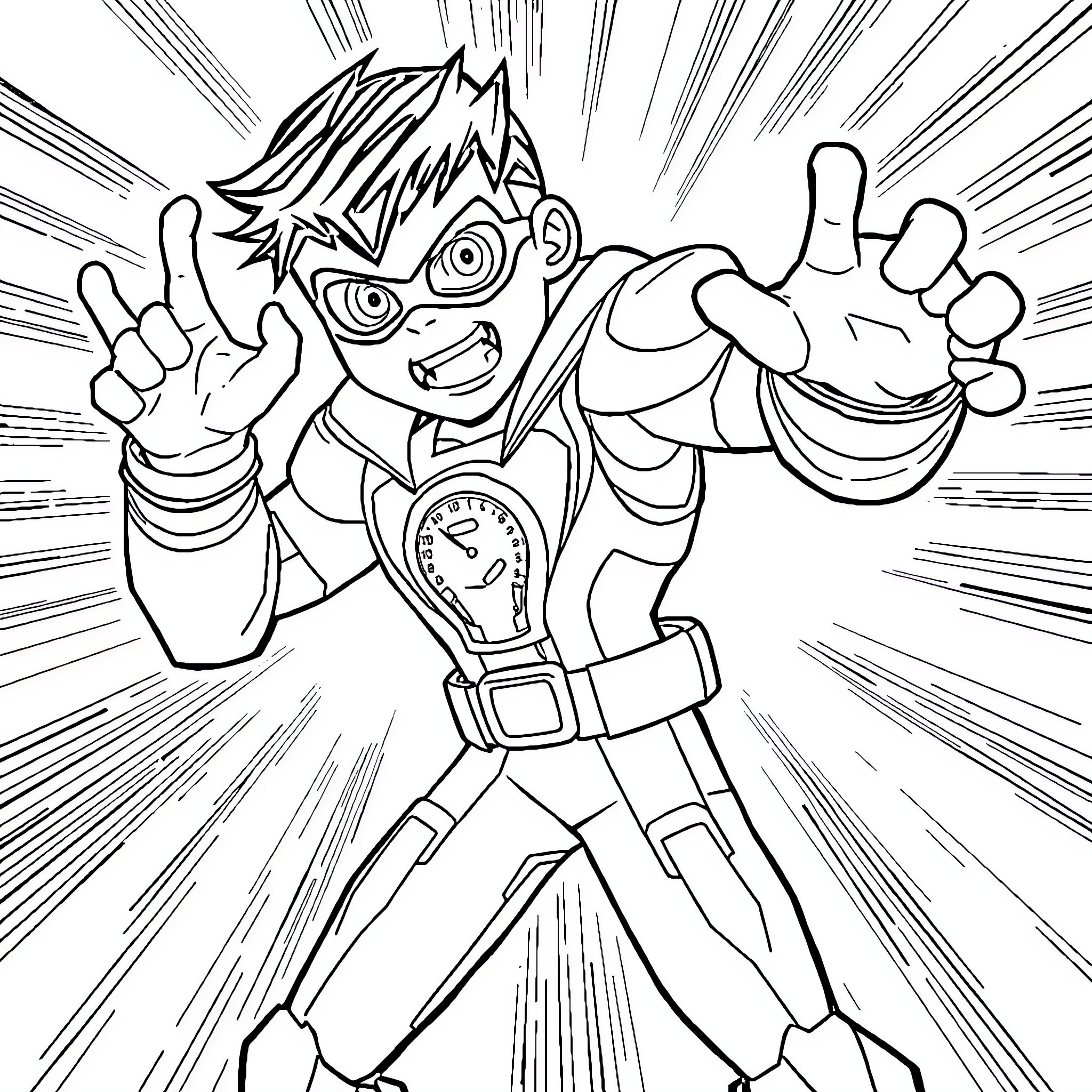 Ben 10 in Action-Packed Pose Coloring Page (free black-and-white line drawing printable PDF for all, from beginners to advanced learners, including children, teens, adults, and seniors)