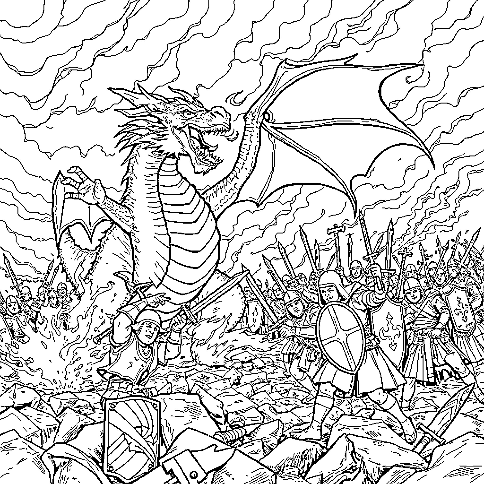 Dragon unleashing fury on a medieval army Coloring Page (free black-and-white line drawing printable PDF for all, from beginners to advanced learners, including children, teens, adults, and seniors)