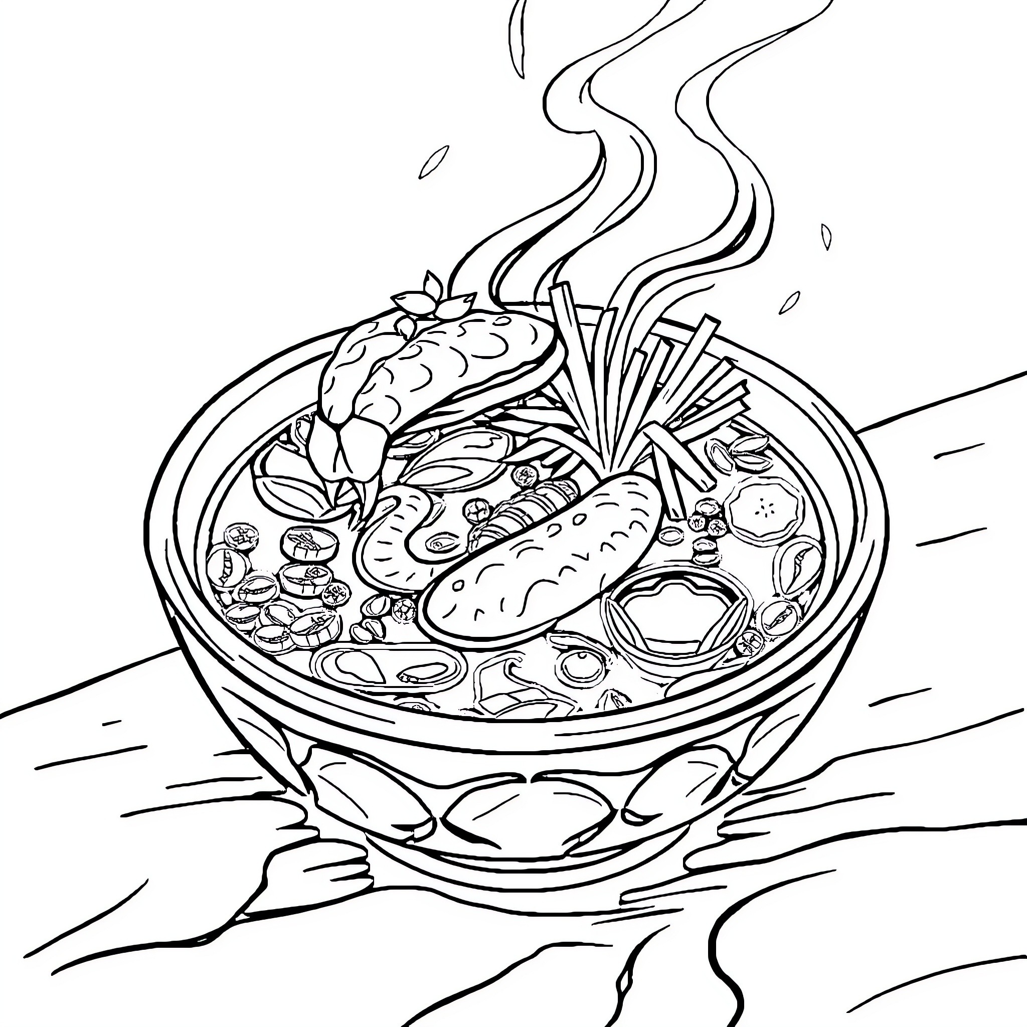 Snake-shaped dish of hot and steamy soup Coloring Page (free black-and-white line drawing printable PDF for all, from beginners to advanced learners, including children, teens, adults, and seniors)