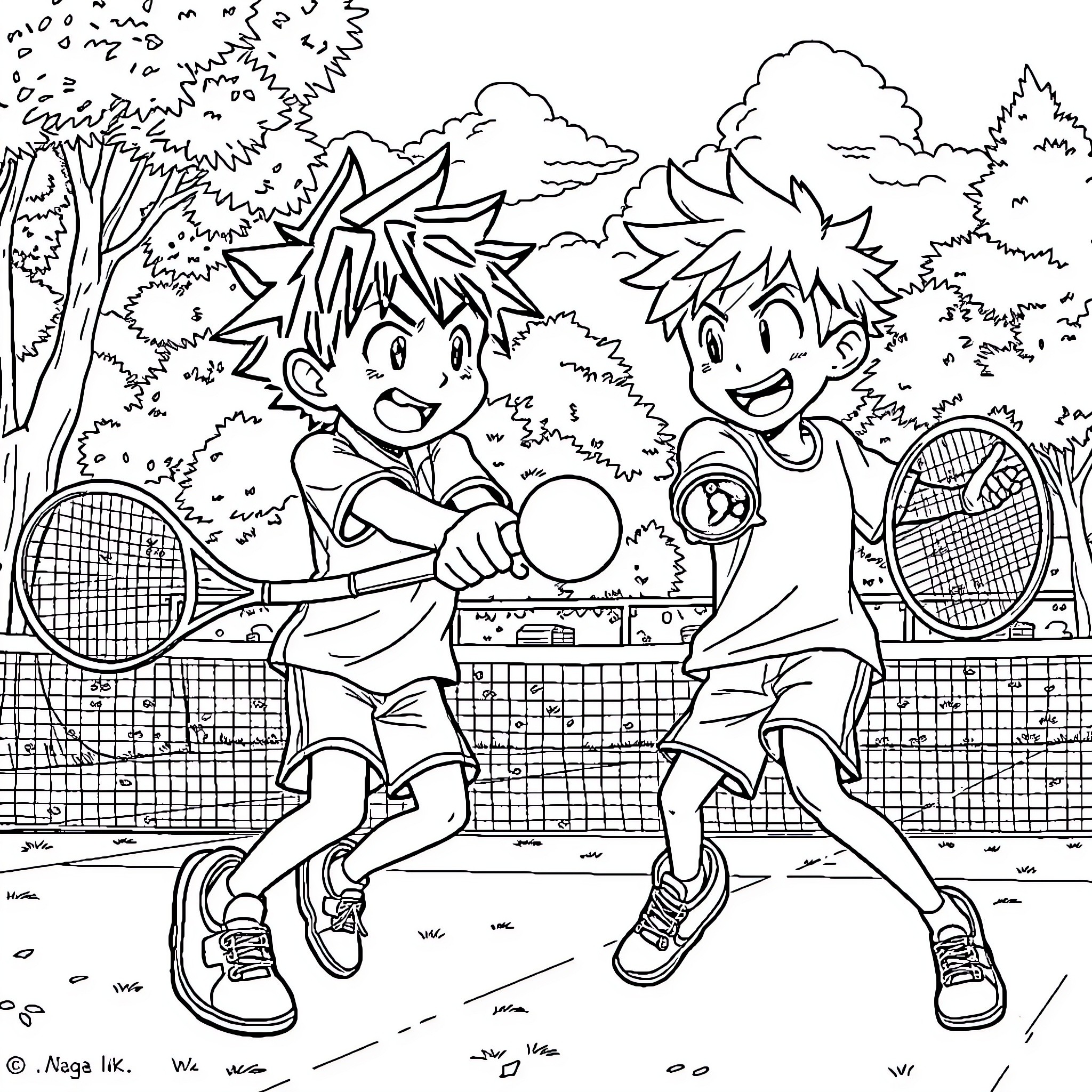 Bakugo and friend playing tennis happily outdoors Coloring Page (free black-and-white line drawing printable PDF for all, from beginners to advanced learners, including children, teens, adults, and seniors)