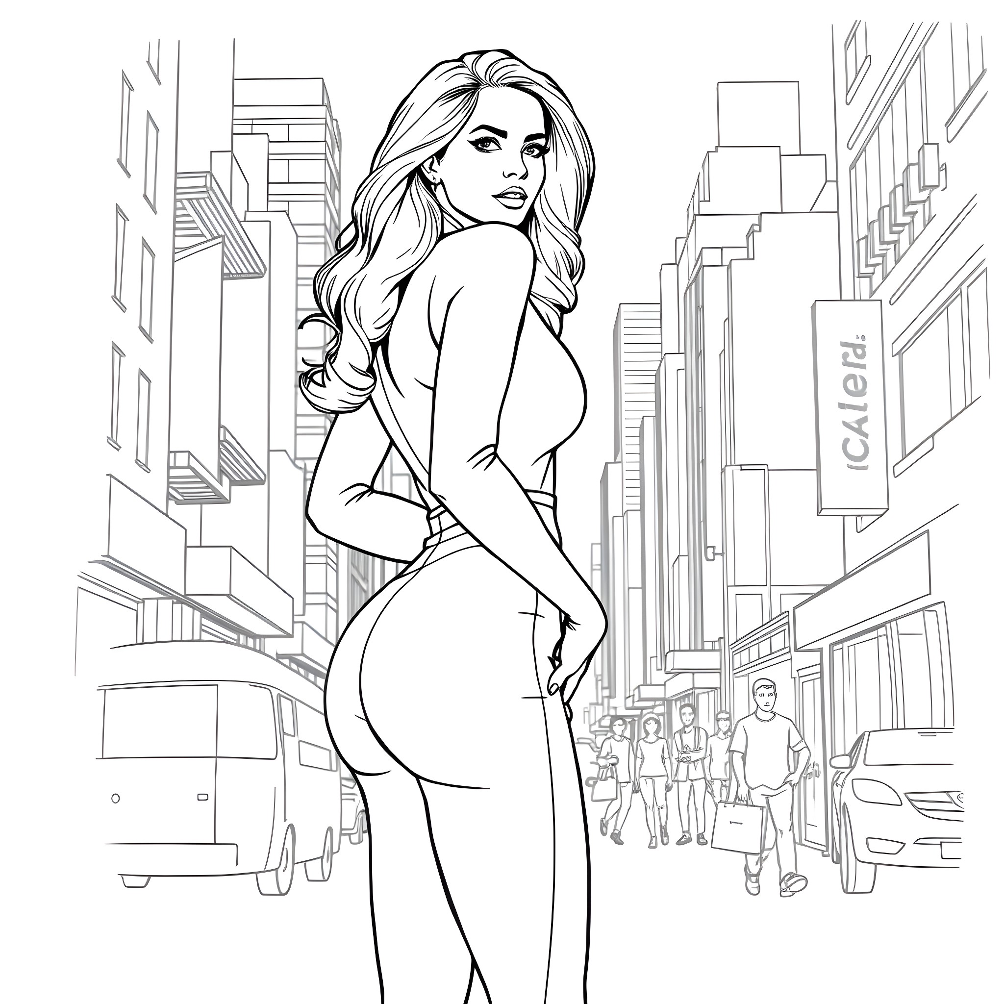 Woman poses confidently in urban setting Coloring Page (free black-and-white line drawing printable PDF for all, from beginners to advanced learners, including children, teens, adults, and seniors)