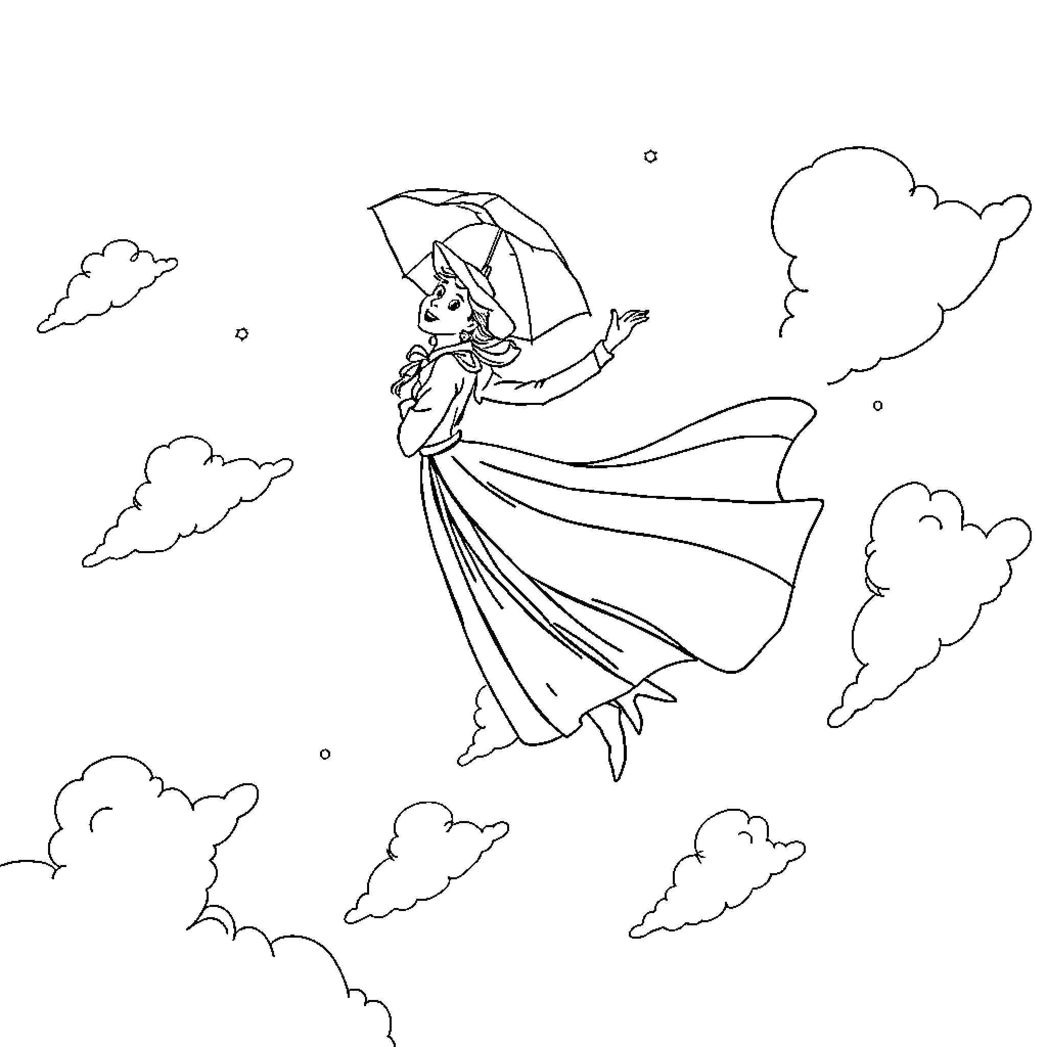 Mary Poppins floating with umbrella in the sky Coloring Page (free black-and-white line drawing printable PDF for all, from beginners to advanced learners, including children, teens, adults, and seniors)