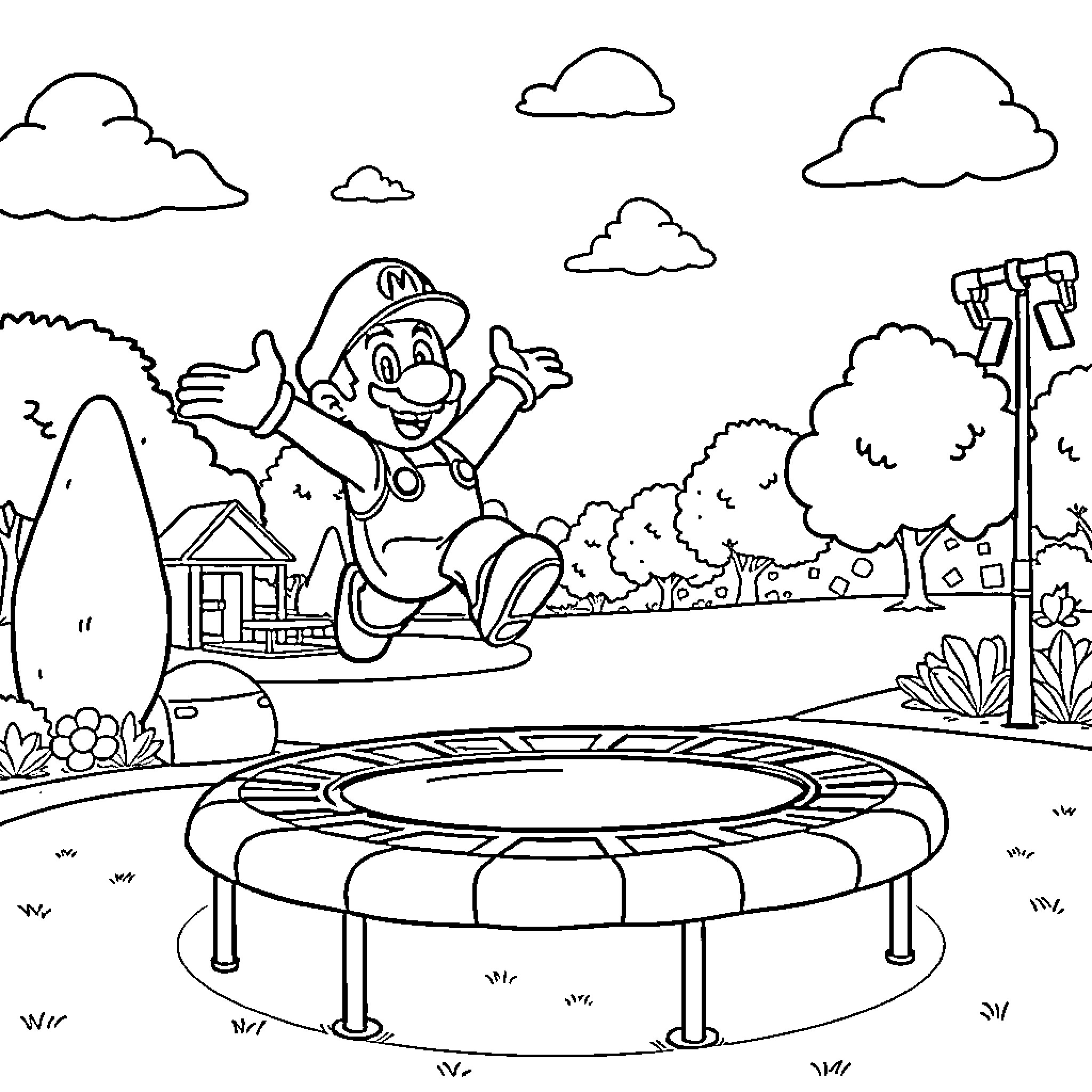 Super Mario Jumping Joyfully on a Trampoline Coloring Page (free black-and-white line drawing printable PDF for all, from beginners to advanced learners, including children, teens, adults, and seniors)