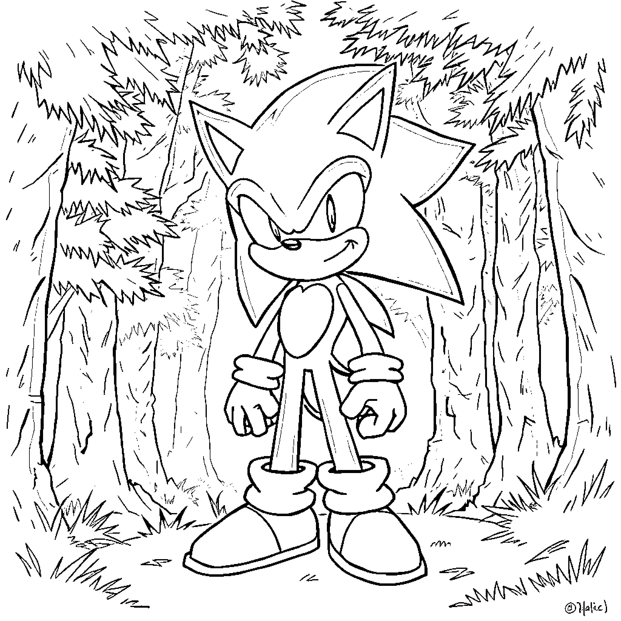 Sonic dashing through the forest Coloring Page (free black-and-white line drawing printable PDF for all, from beginners to advanced learners, including children, teens, adults, and seniors)