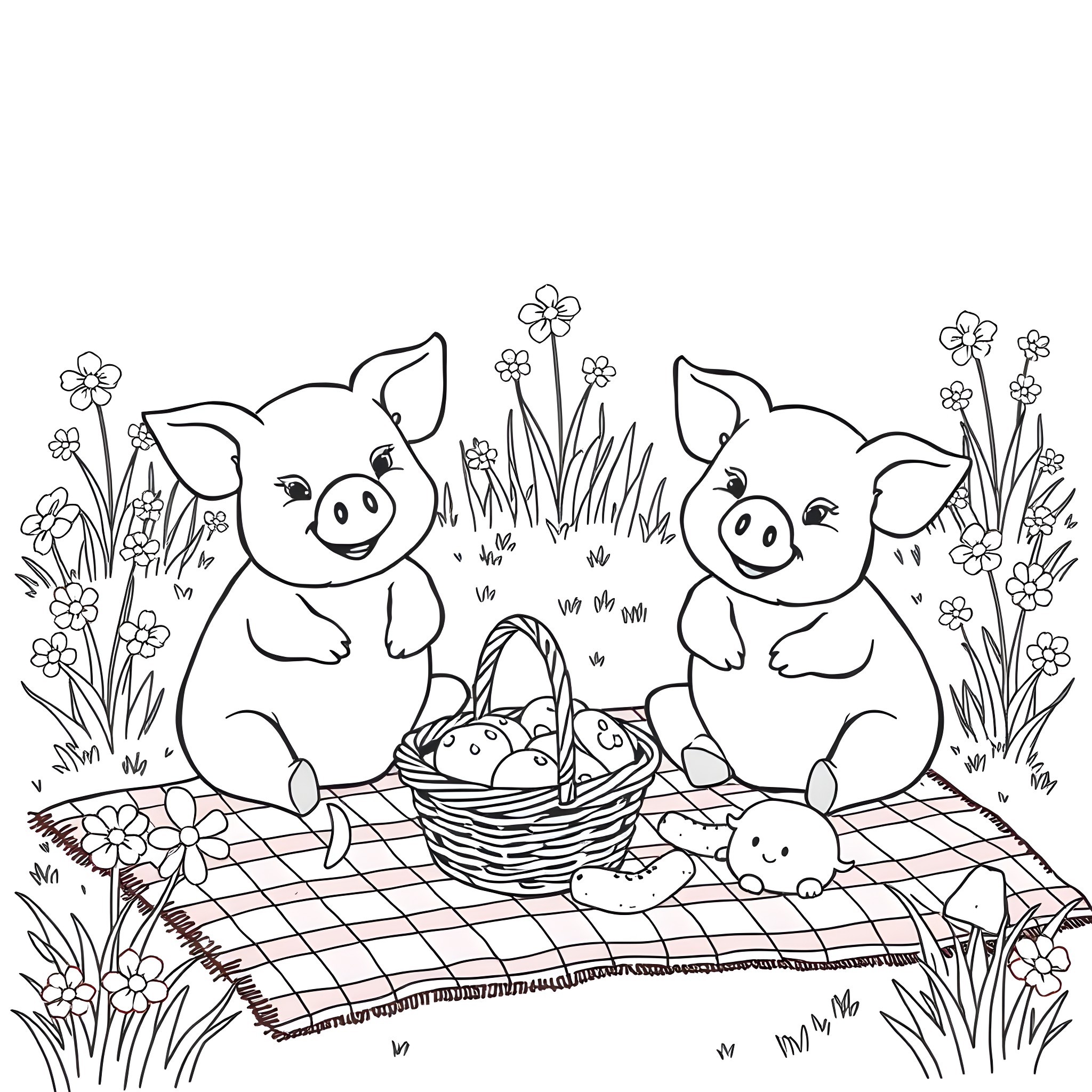 Pigs on a picnic with flowers and basket Coloring Page (free black-and-white line drawing printable PDF for all, from beginners to advanced learners, including children, teens, adults, and seniors)