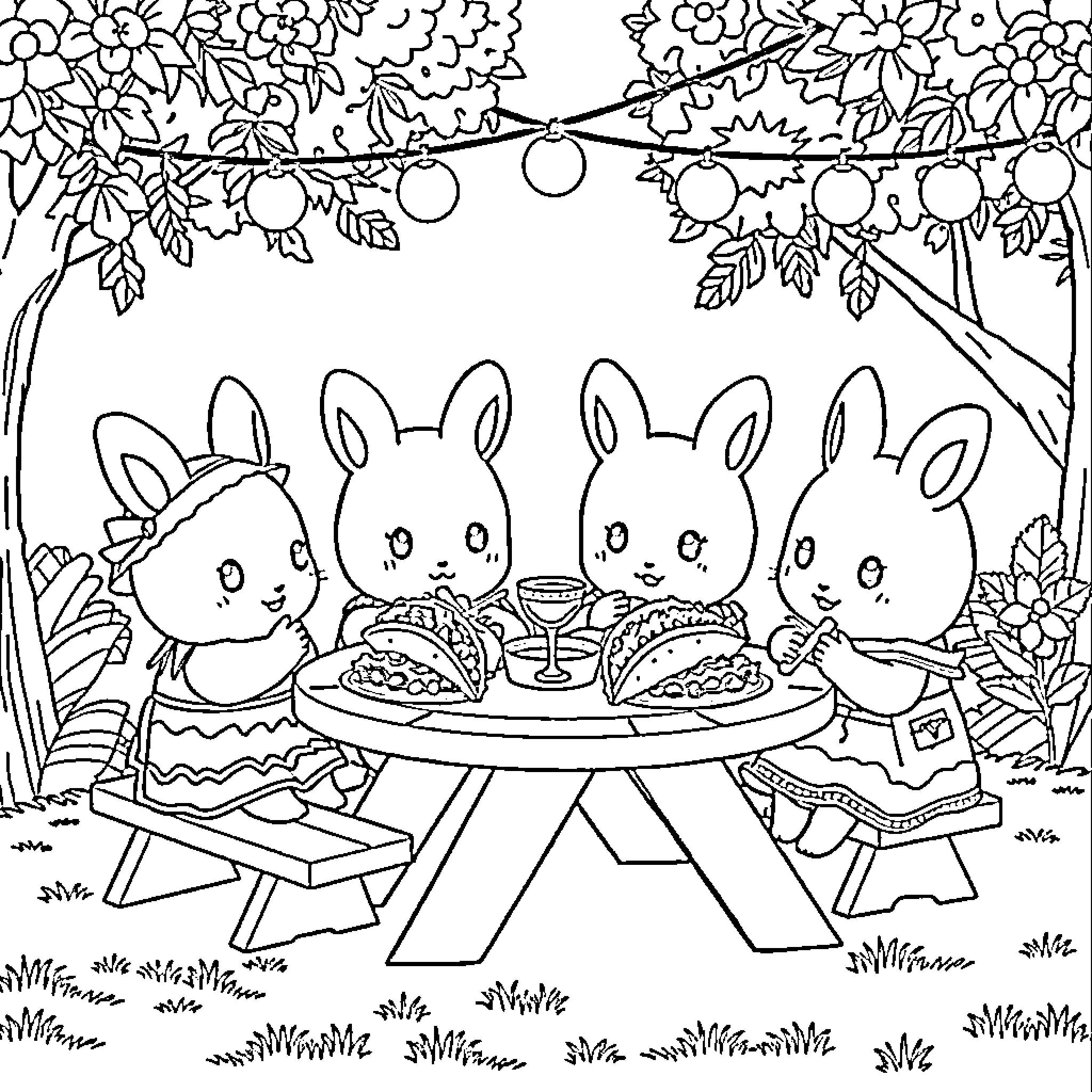 Sylvanian Family Bunnies Enjoying A Picnic Party Coloring Page (free black-and-white line drawing printable PDF for all, from beginners to advanced learners, including children, teens, adults, and seniors)
