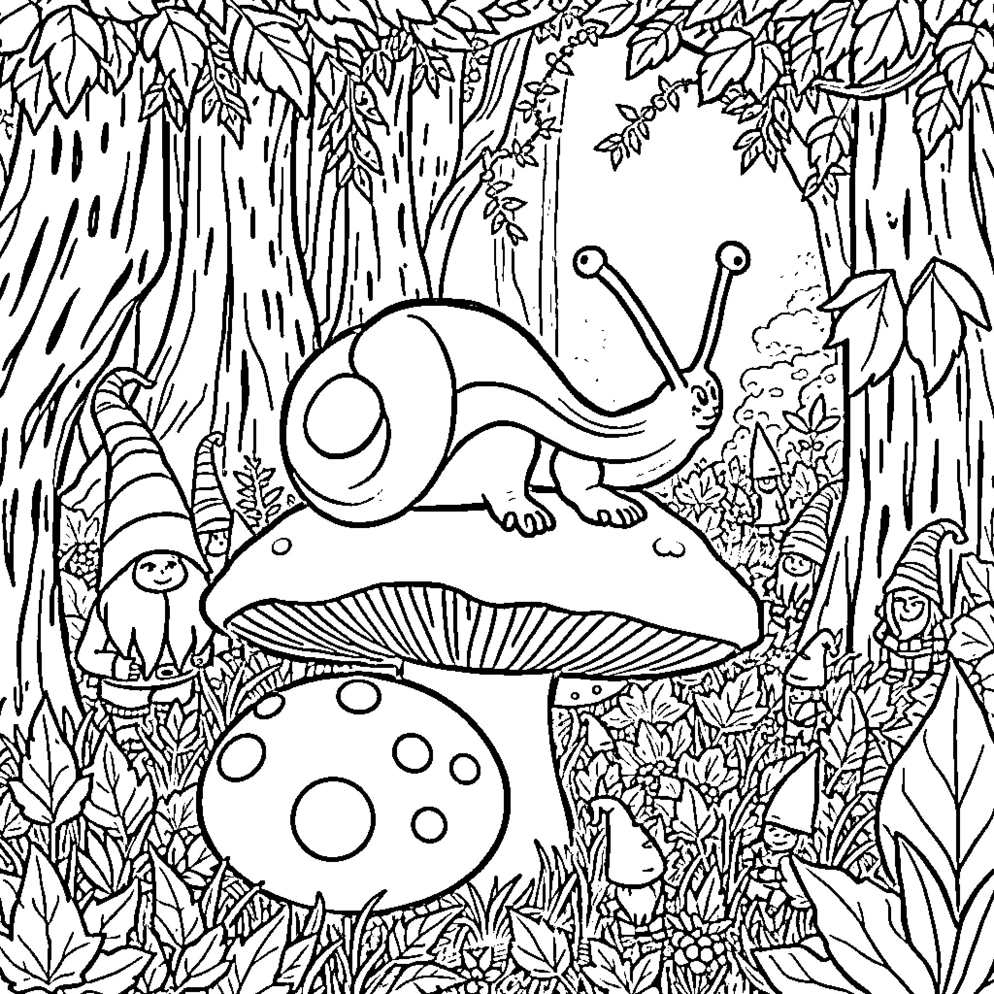 Slug exploring the enchanted forest Coloring Page (free black-and-white line drawing printable PDF for all, from beginners to advanced learners, including children, teens, adults, and seniors)